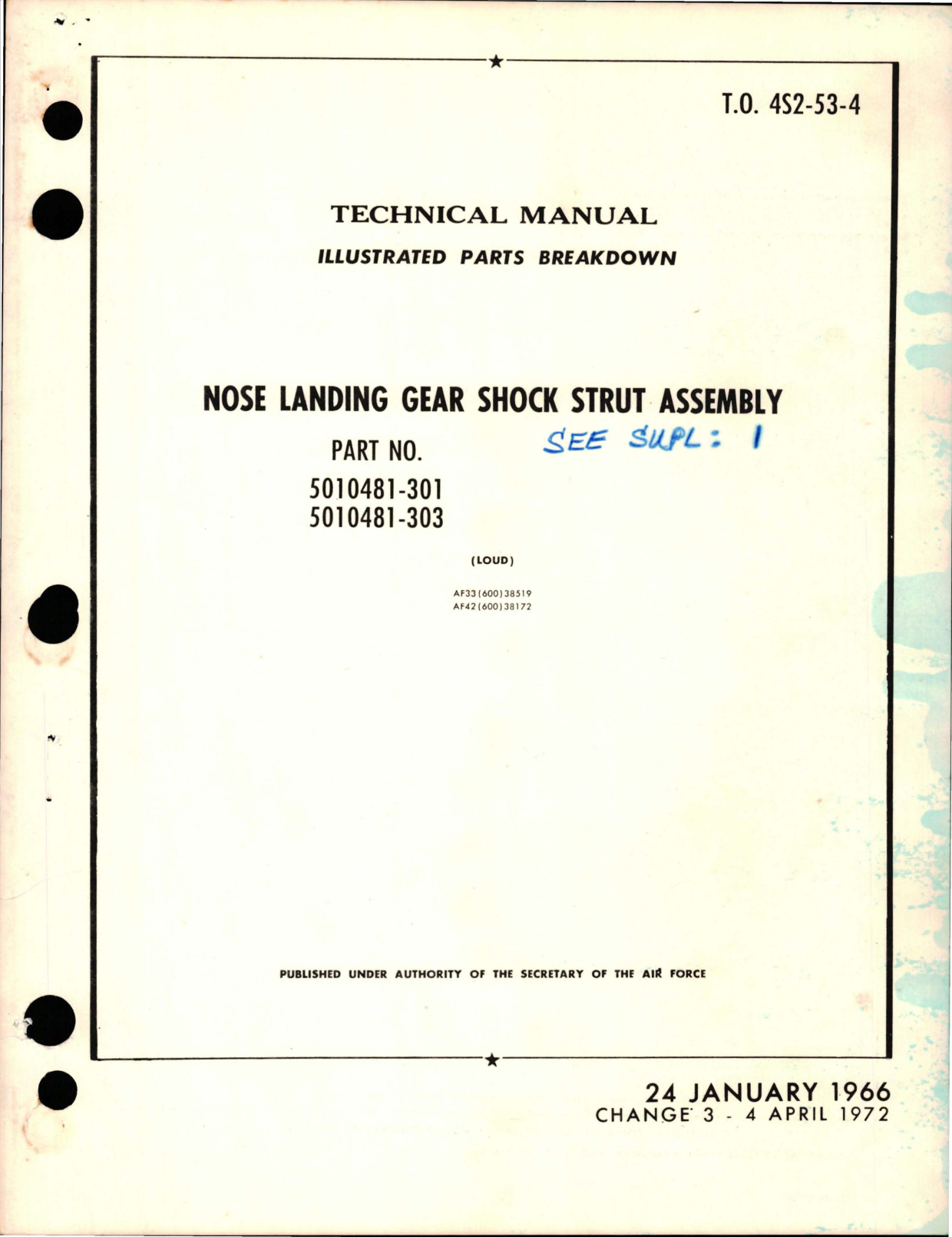 Sample page 1 from AirCorps Library document: Illustrated Parts Breakdown for Nose Landing Gear Shock Strut Assembly - Parts 5010481-301 and 5010481-303 