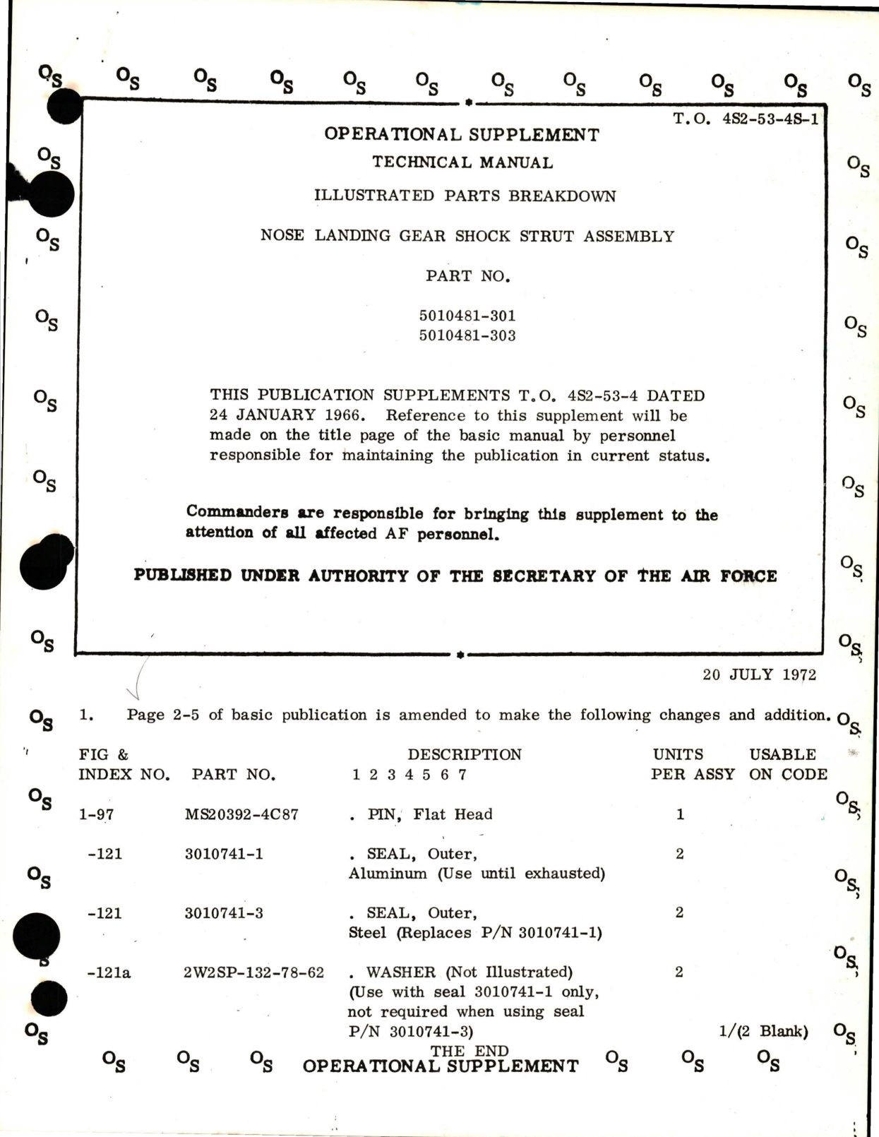 Sample page 1 from AirCorps Library document: Supplement to Illustrated Parts Breakdown for Nose Landing Gear Shock Strut Assembly - Parts 5010481-301 and 5010481-303 