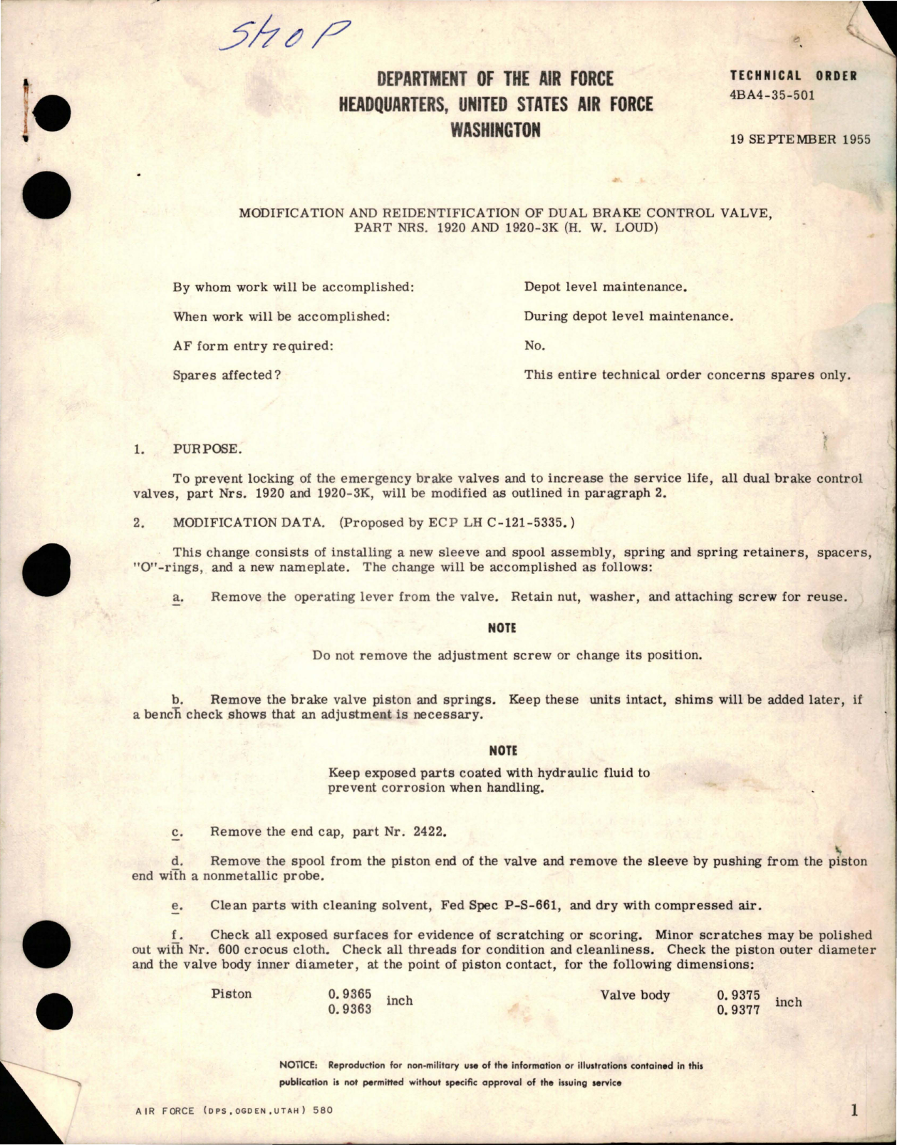 Sample page 1 from AirCorps Library document: Modification and Reidentification of Dual Brake Control Valve - Parts 1920 and 1920-3K