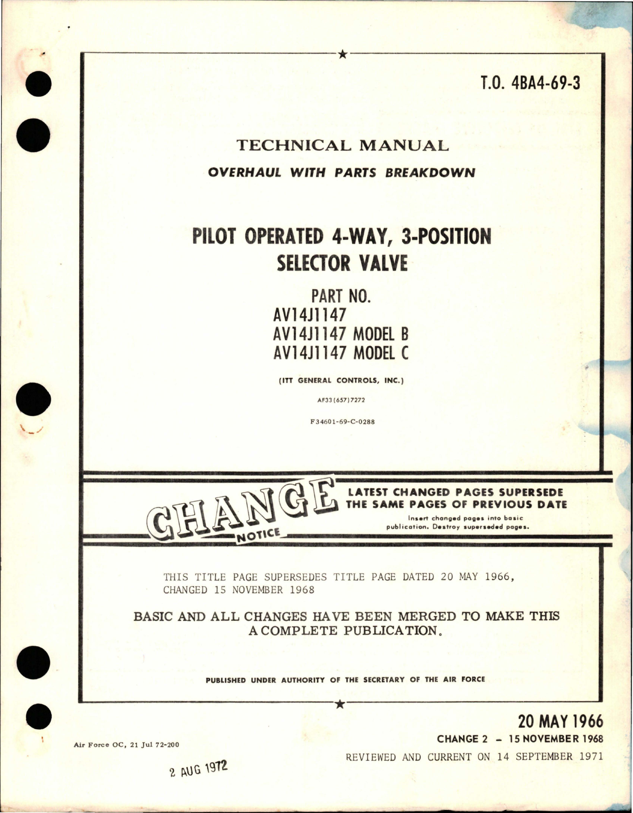 Sample page 1 from AirCorps Library document: Overhaul with Parts Breakdown for Pilot Operated 4-Way, 3-Position Selector Valve - Parts AV14J1147, AV14J1147 - B, AV14J1147 - C