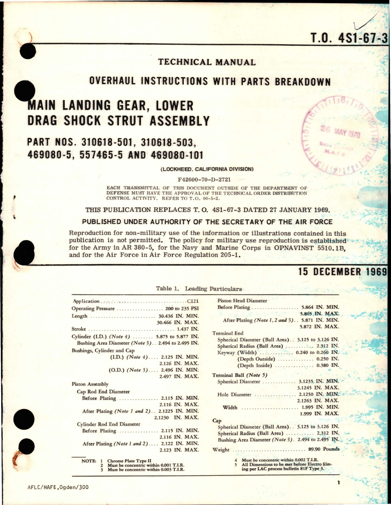 Sample page 1 from AirCorps Library document: Overhaul Instructions with Parts Breakdown for Main Landing Gear - Lower Drag Shock Strut Assembly
