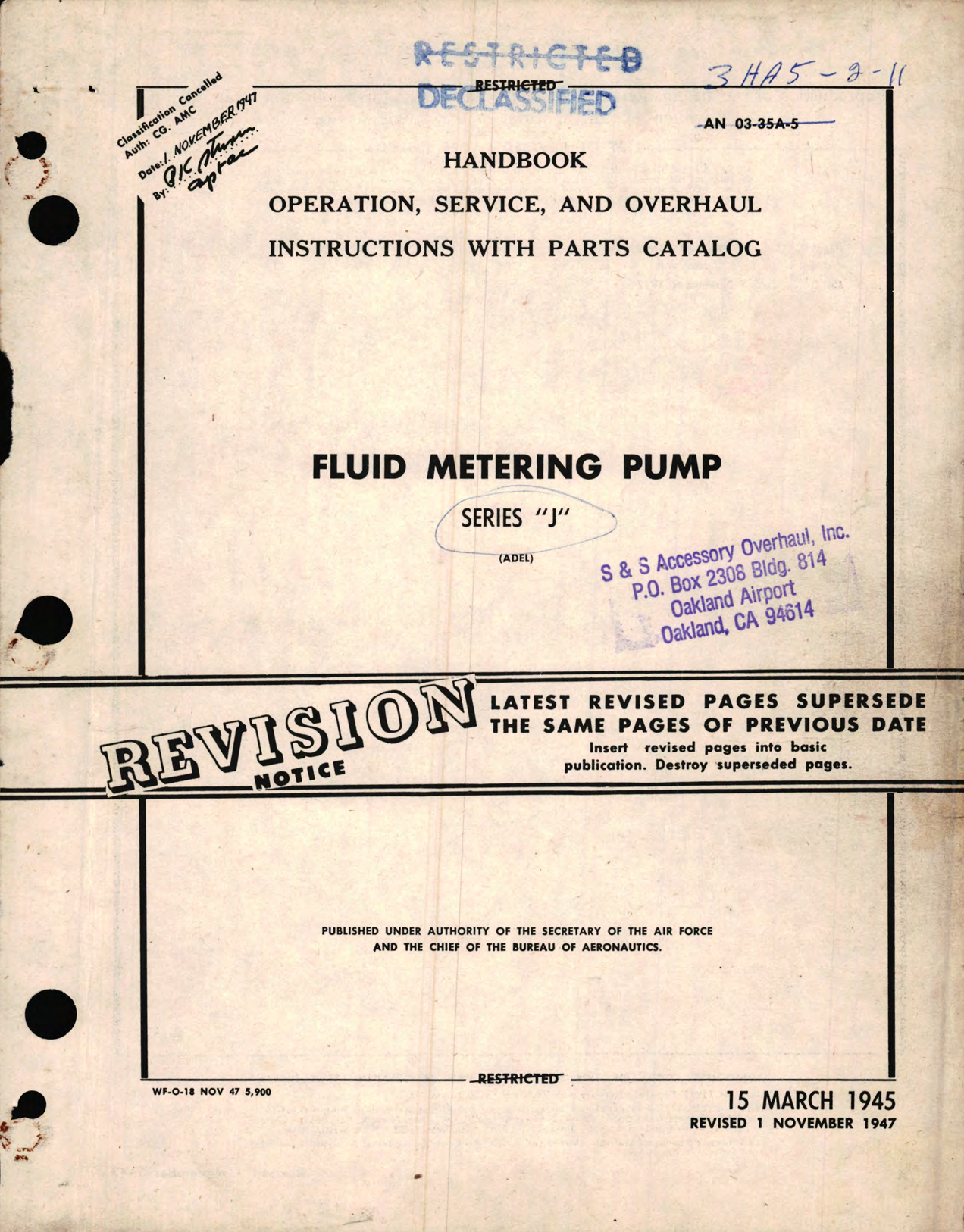 Sample page 1 from AirCorps Library document: Operation, Service, and Overhaul Instructions with Parts Catalog for Model No. J, Fluid Metering Pump 