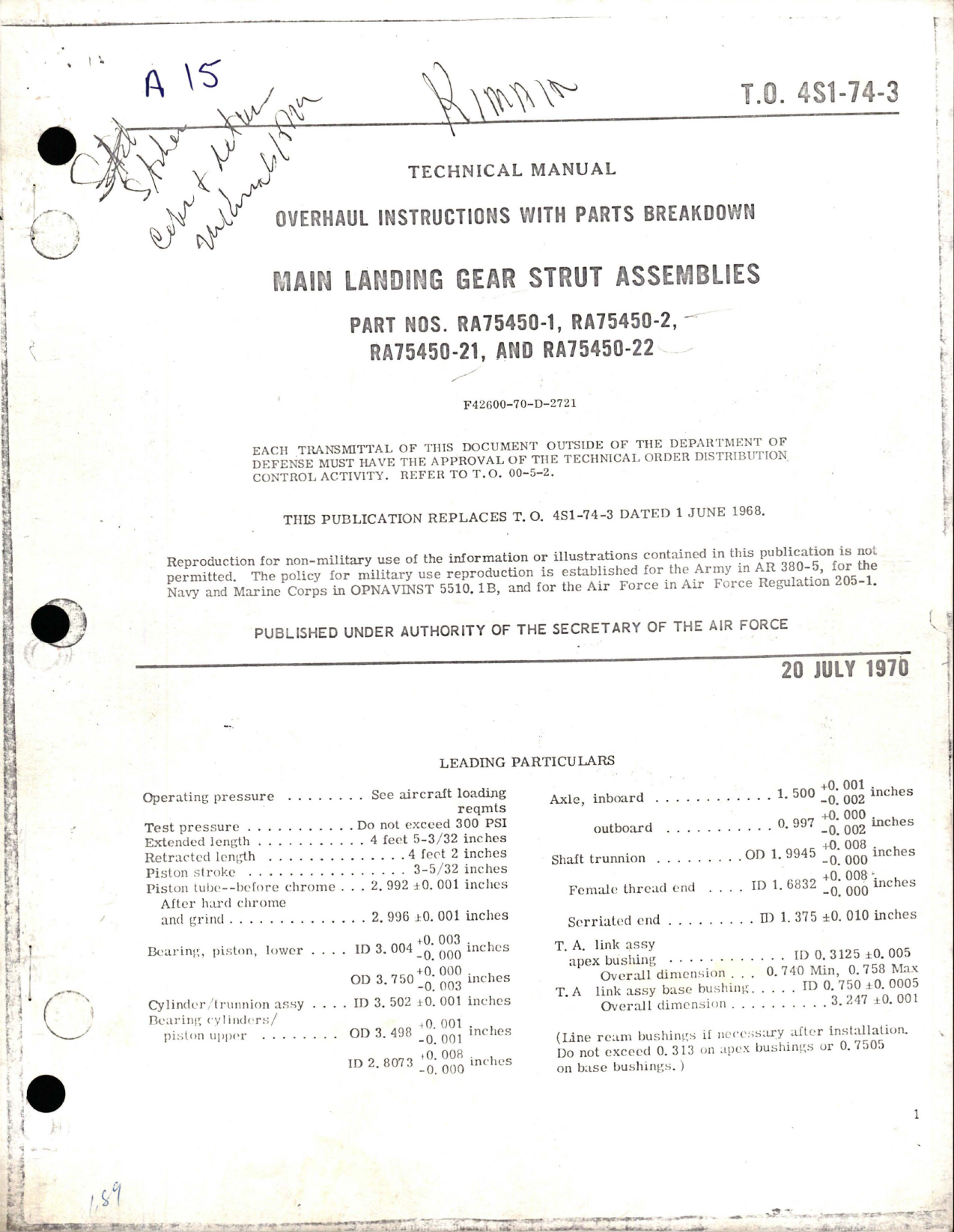 Sample page 1 from AirCorps Library document: Overhaul Instructions with Parts Breakdown for Main Landing Gear Strut Assemblies - Parts RA75450-1, RA75450-2, RA75450-21, and RA75450-22