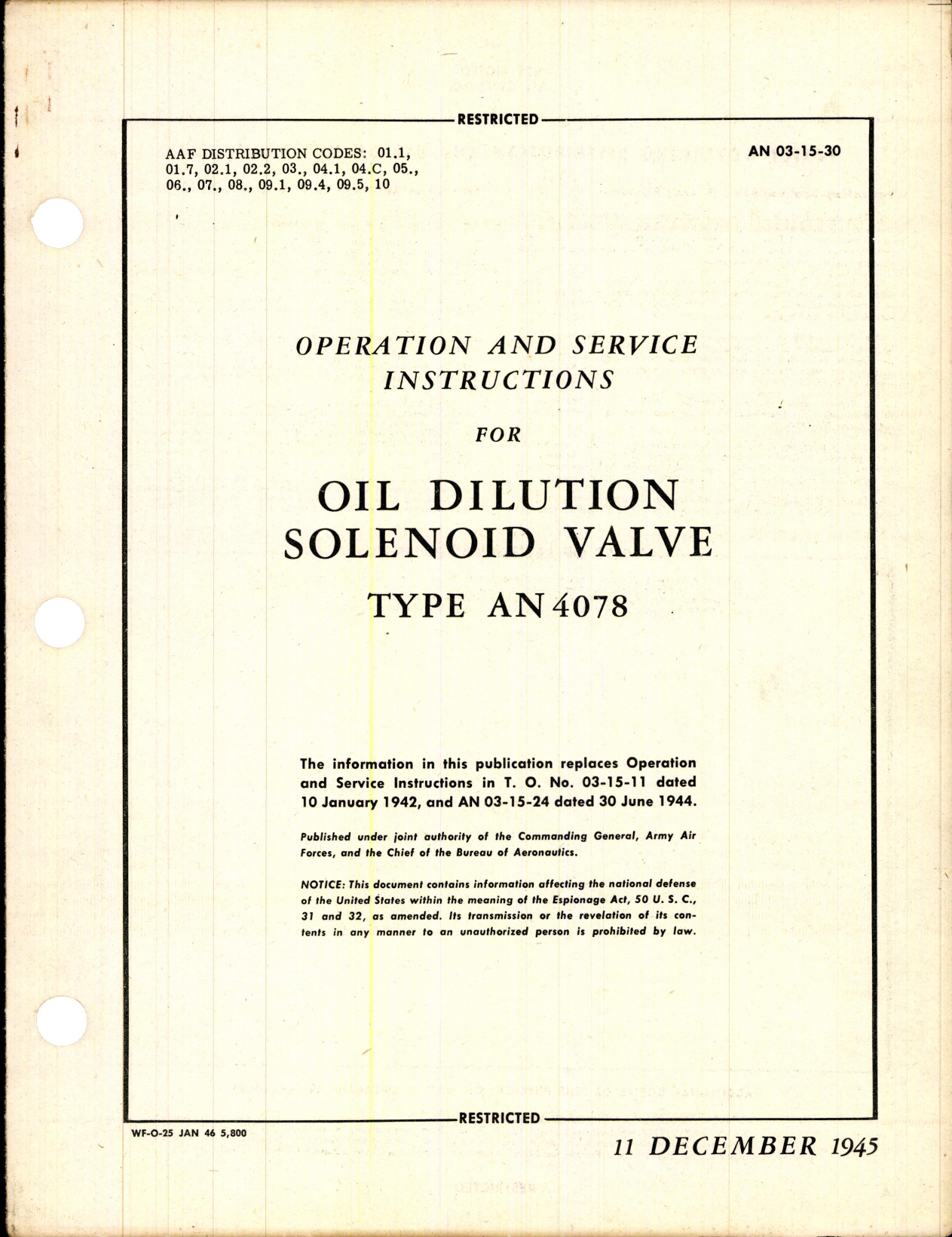 Sample page 1 from AirCorps Library document: Operation & Service Instructions for Oil Dilution Solenoid Valve Type AN 4078
