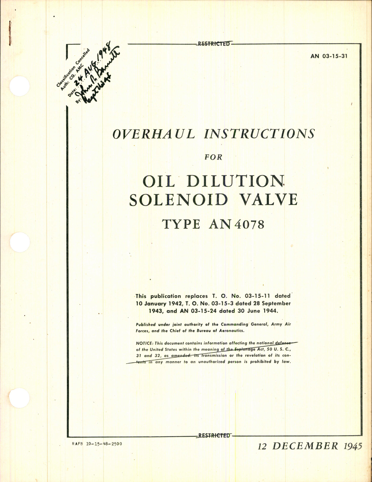 Sample page 1 from AirCorps Library document: Overhaul Instructions for Oil Dilution Solenoid Valve Type AN 4078