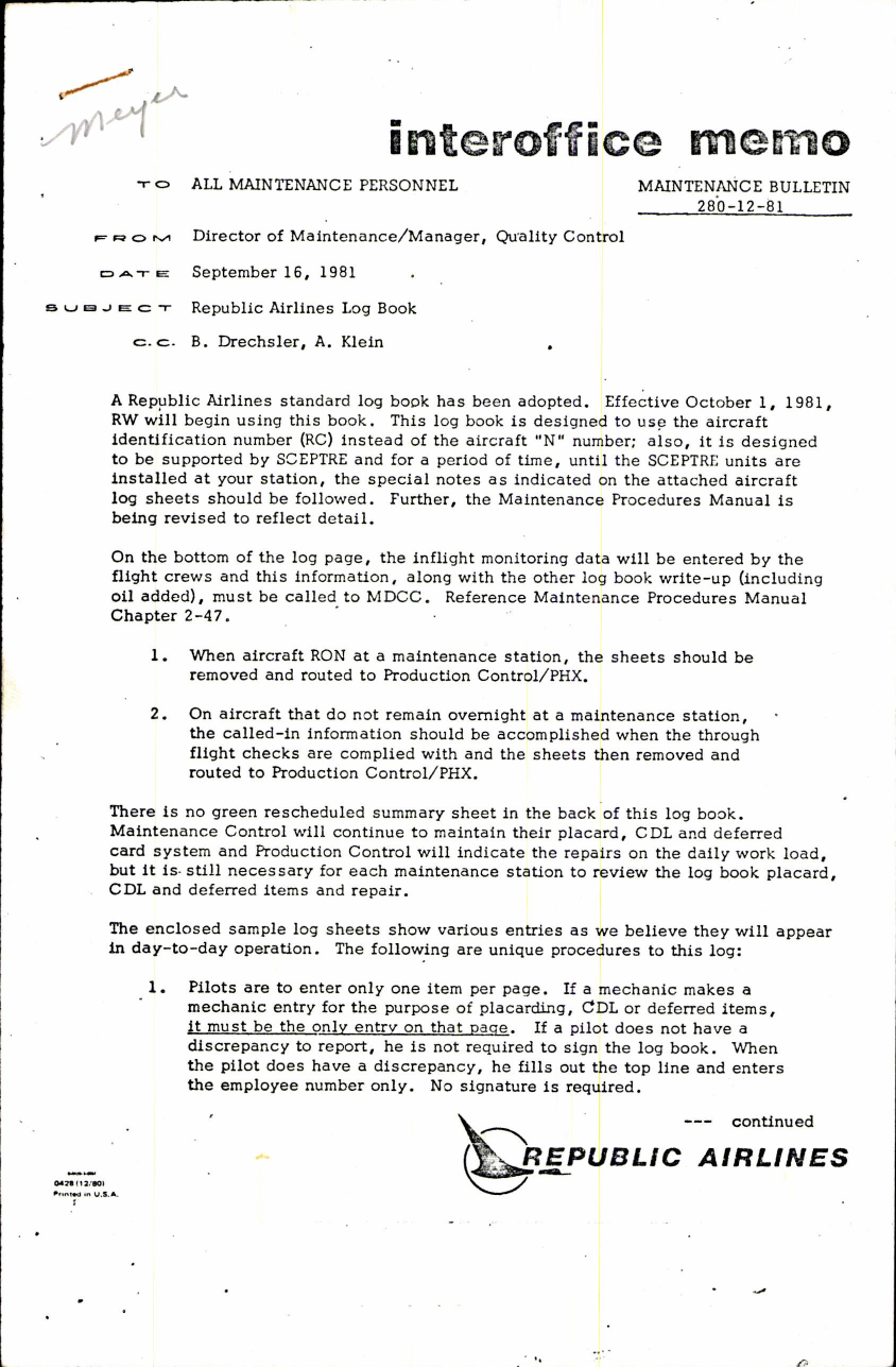 Sample page 1 from AirCorps Library document: Interoffice Memo to All Maintenance Personel