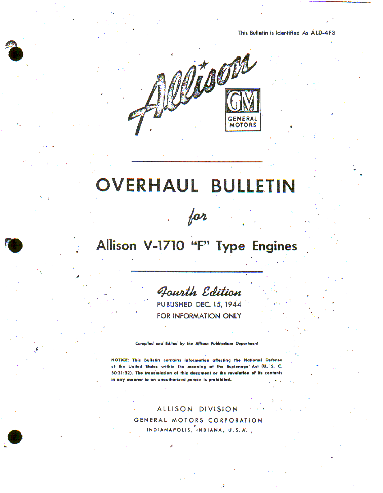 Sample page 1 from AirCorps Library document: Overhaul Bulletin - Allison Engine - V-1710-F