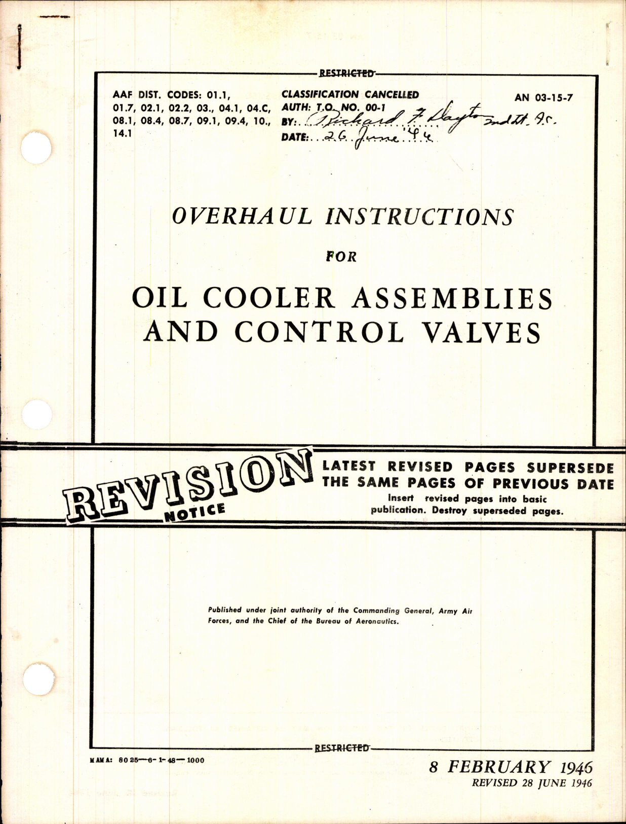 Sample page 1 from AirCorps Library document: Instructions for Oil Cooler Assemblies & Control Valves