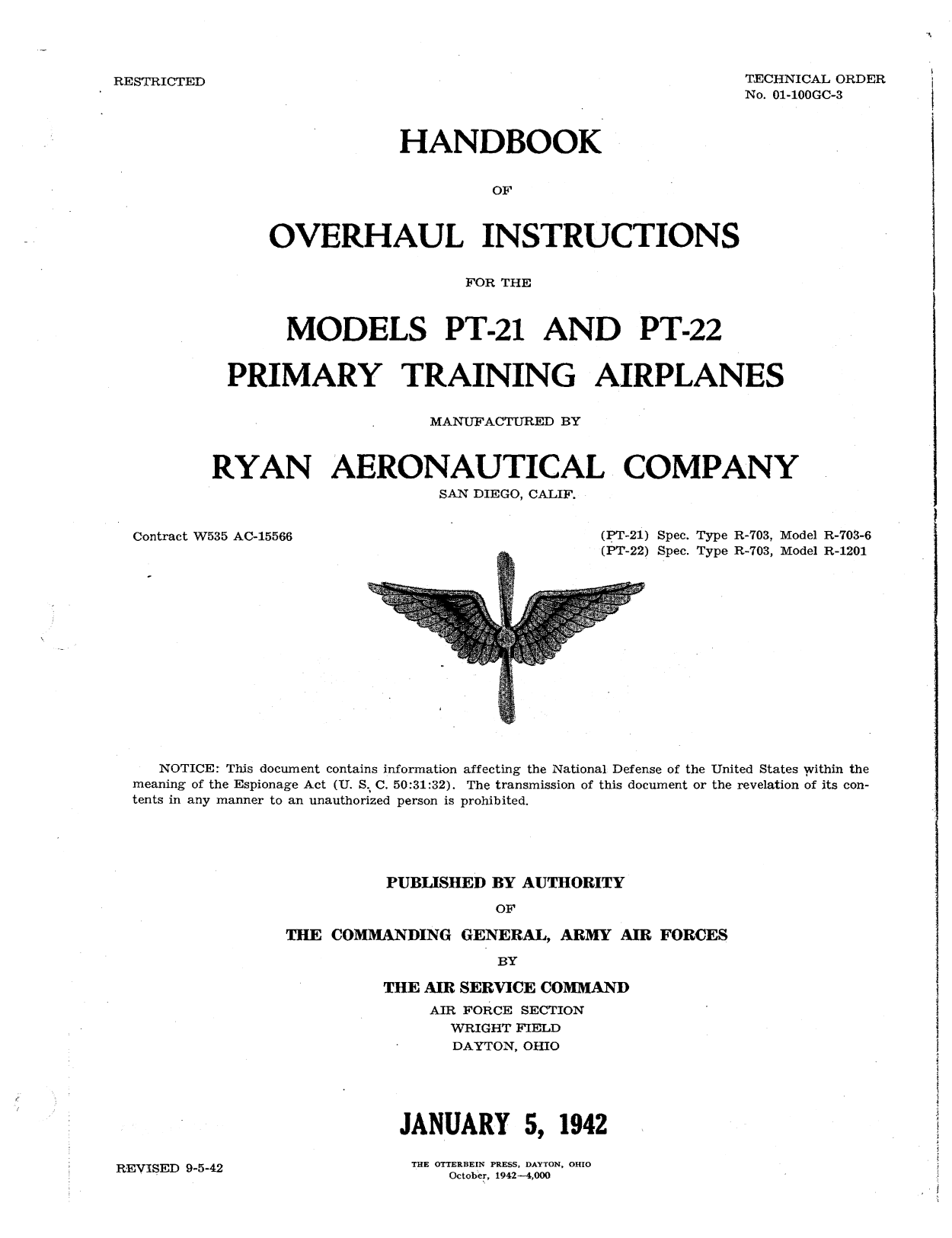 Sample page 1 from AirCorps Library document: Overhaul Instructions - PT-21, PT-22