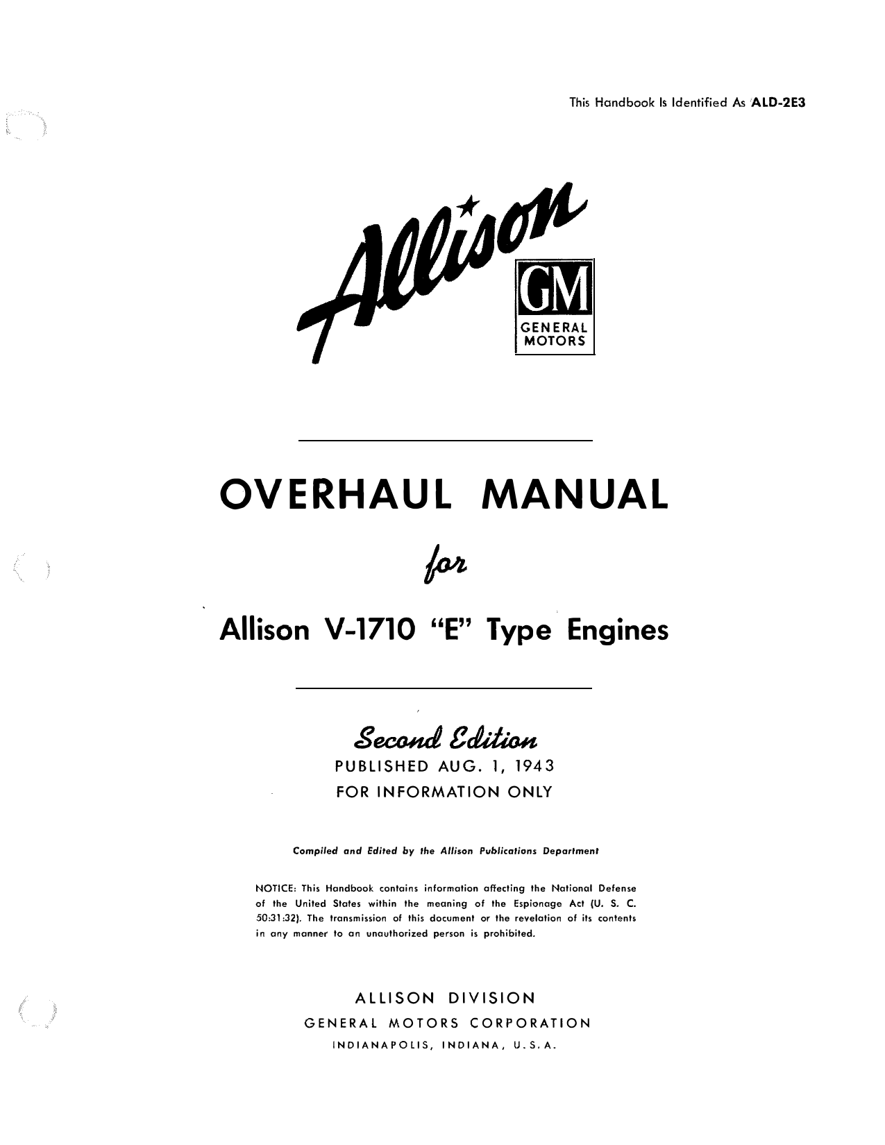 Sample page 1 from AirCorps Library document: Overhaul Manual - Allison V-1710-E Engine