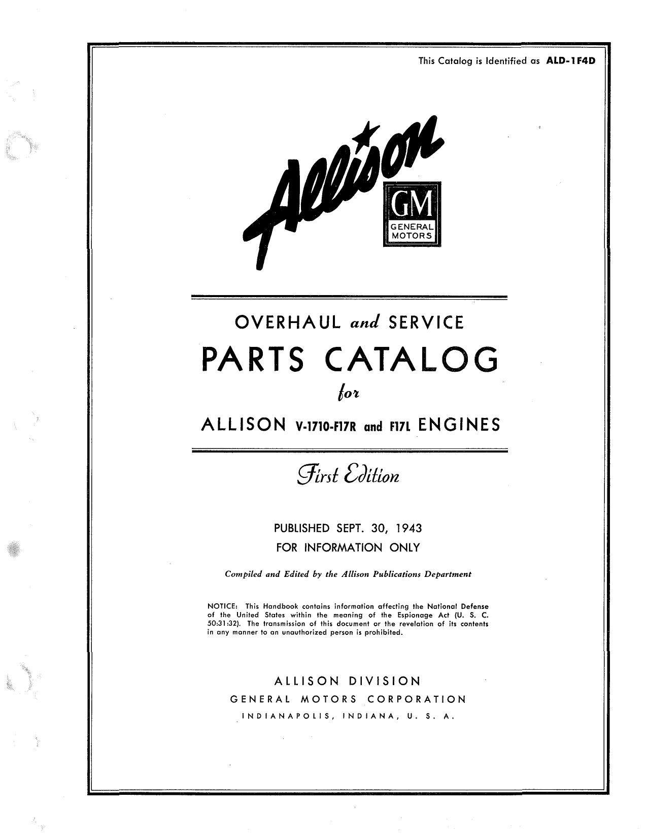 Sample page 1 from AirCorps Library document: Parts Catalog - Allison V-1710-F