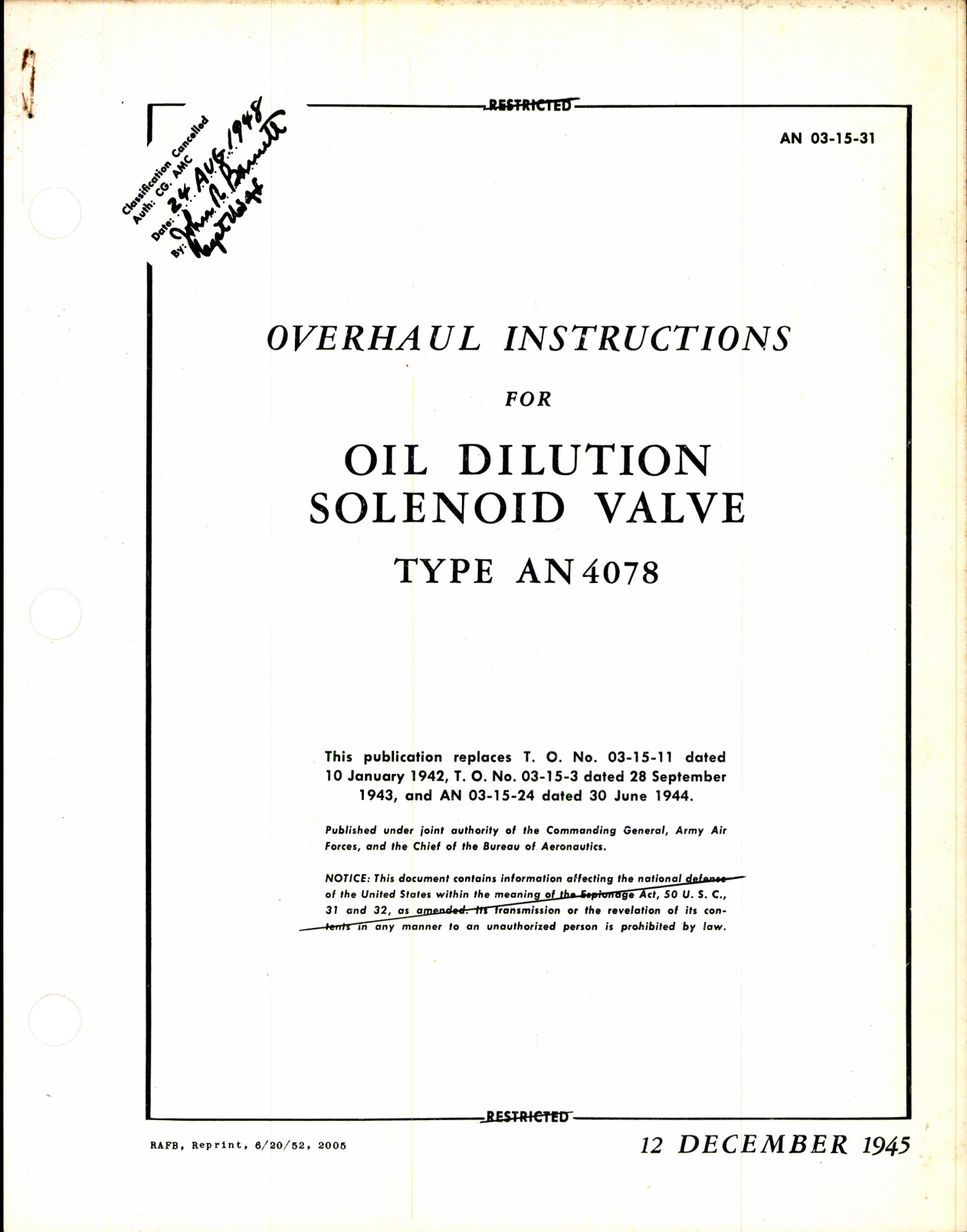 Sample page 1 from AirCorps Library document: Instructions for Oil Dilution Solenoid Valve Type AN 4078 
