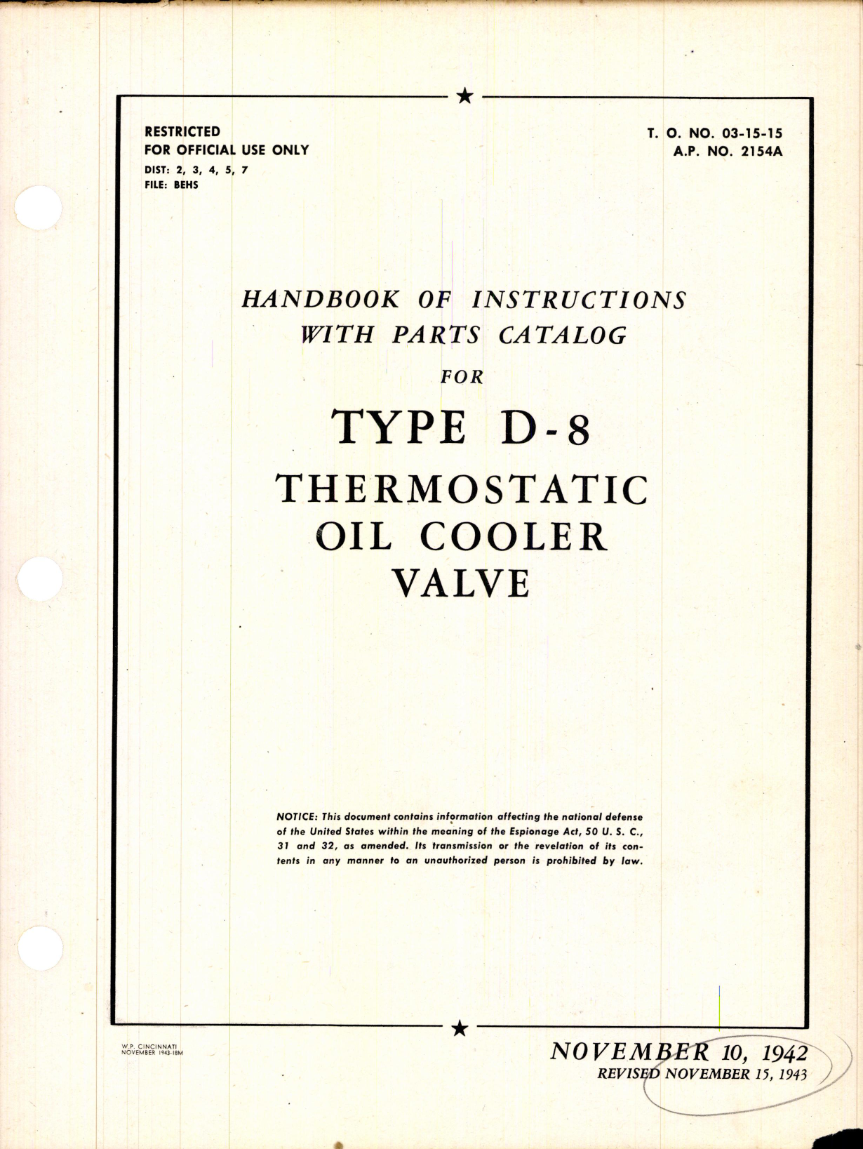 Sample page 1 from AirCorps Library document: Instructions w PC for Type D-8 Thermostatic Oil Cooler Valve