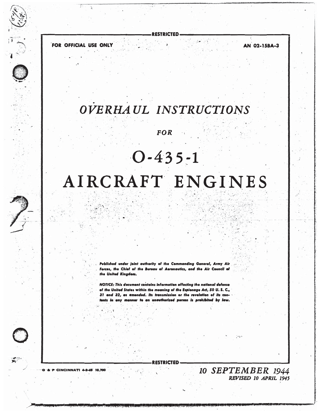 Sample page 1 from AirCorps Library document: Overhaul Instructions - O-435 Engine