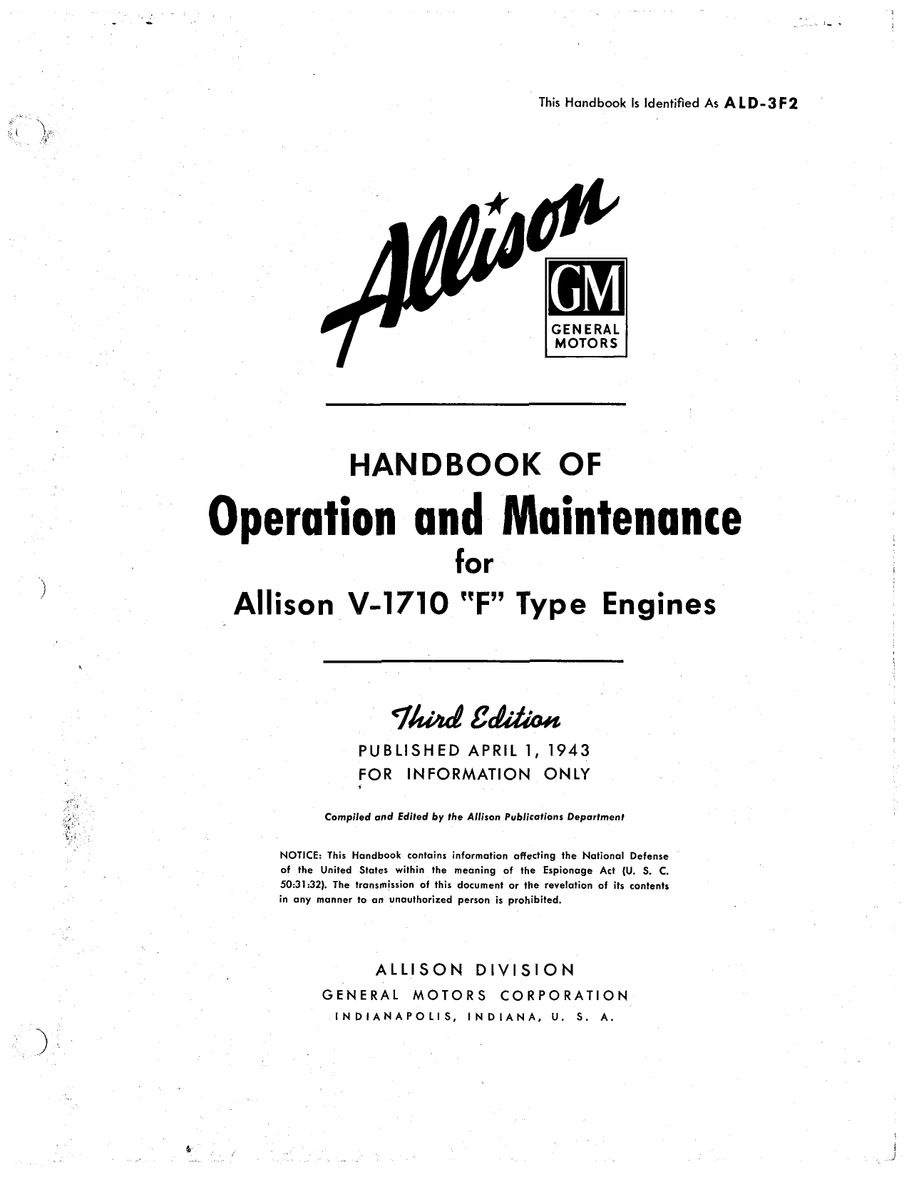Sample page 1 from AirCorps Library document: Operation & Maintenance - Allison V-1710-F Engines