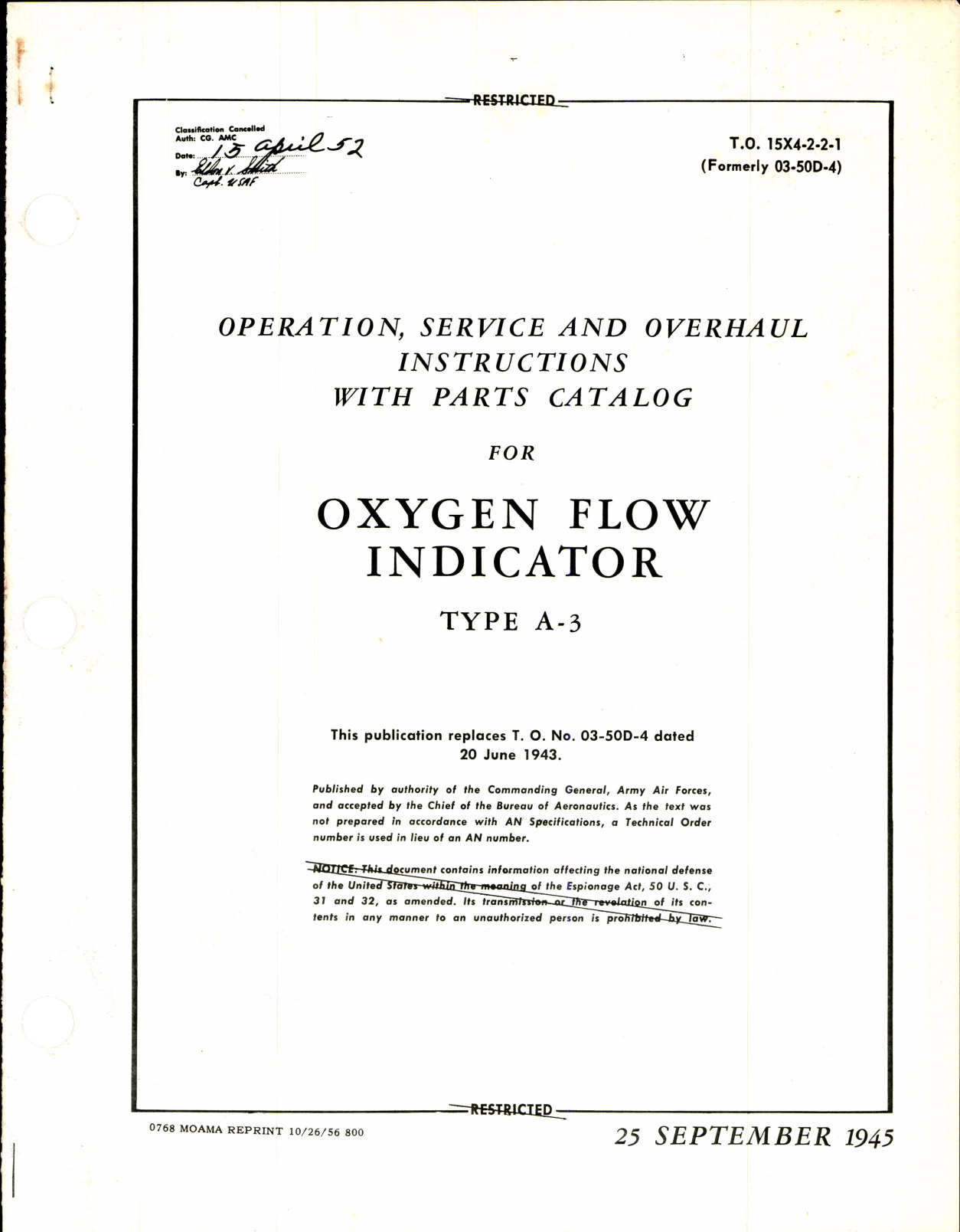 Sample page 1 from AirCorps Library document: Oxygen Flow Indicator Type A-3 (Delco)