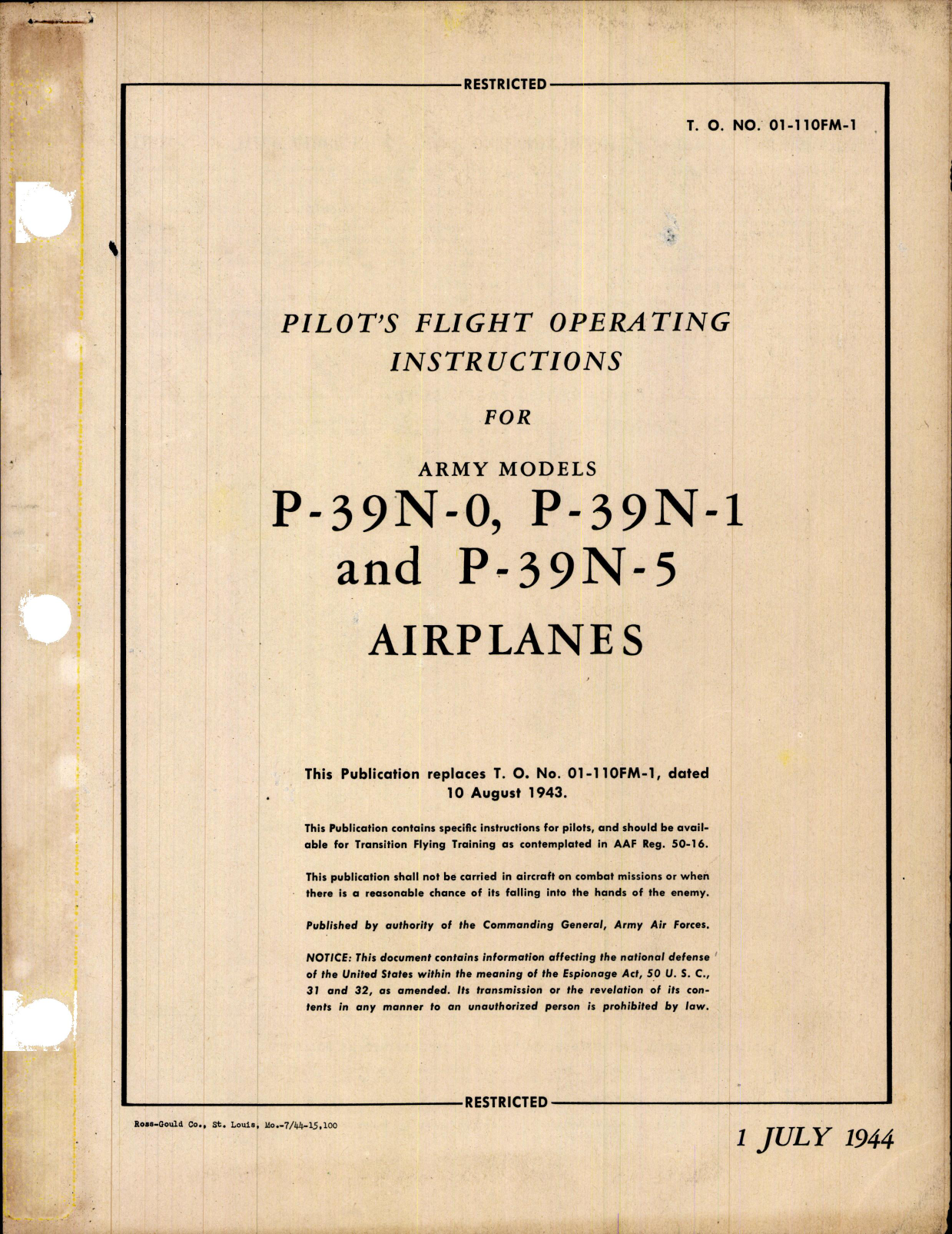 Sample page 1 from AirCorps Library document: Pilot's Flight Operating Instructions for P-39