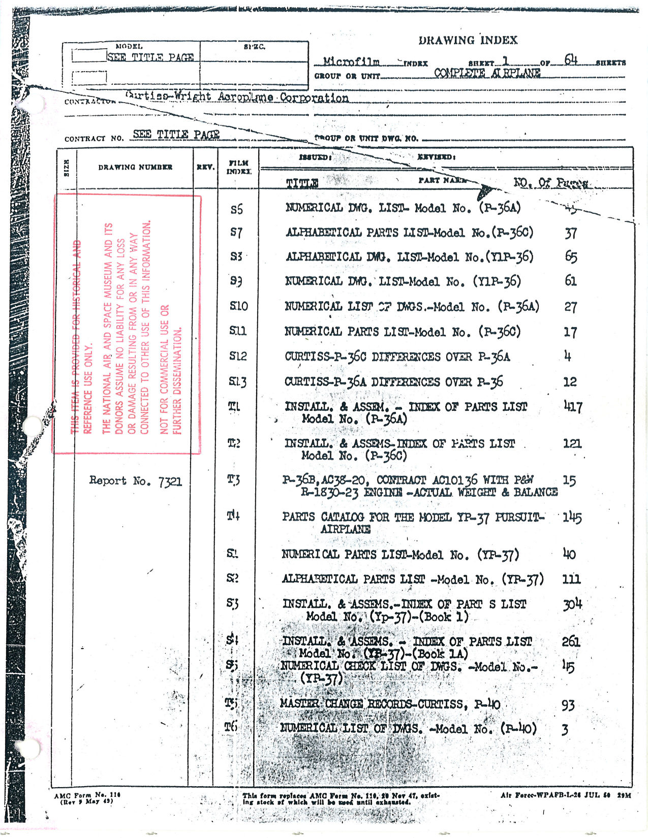Sample page 1 from AirCorps Library document: P40 Drawing Index (Early)