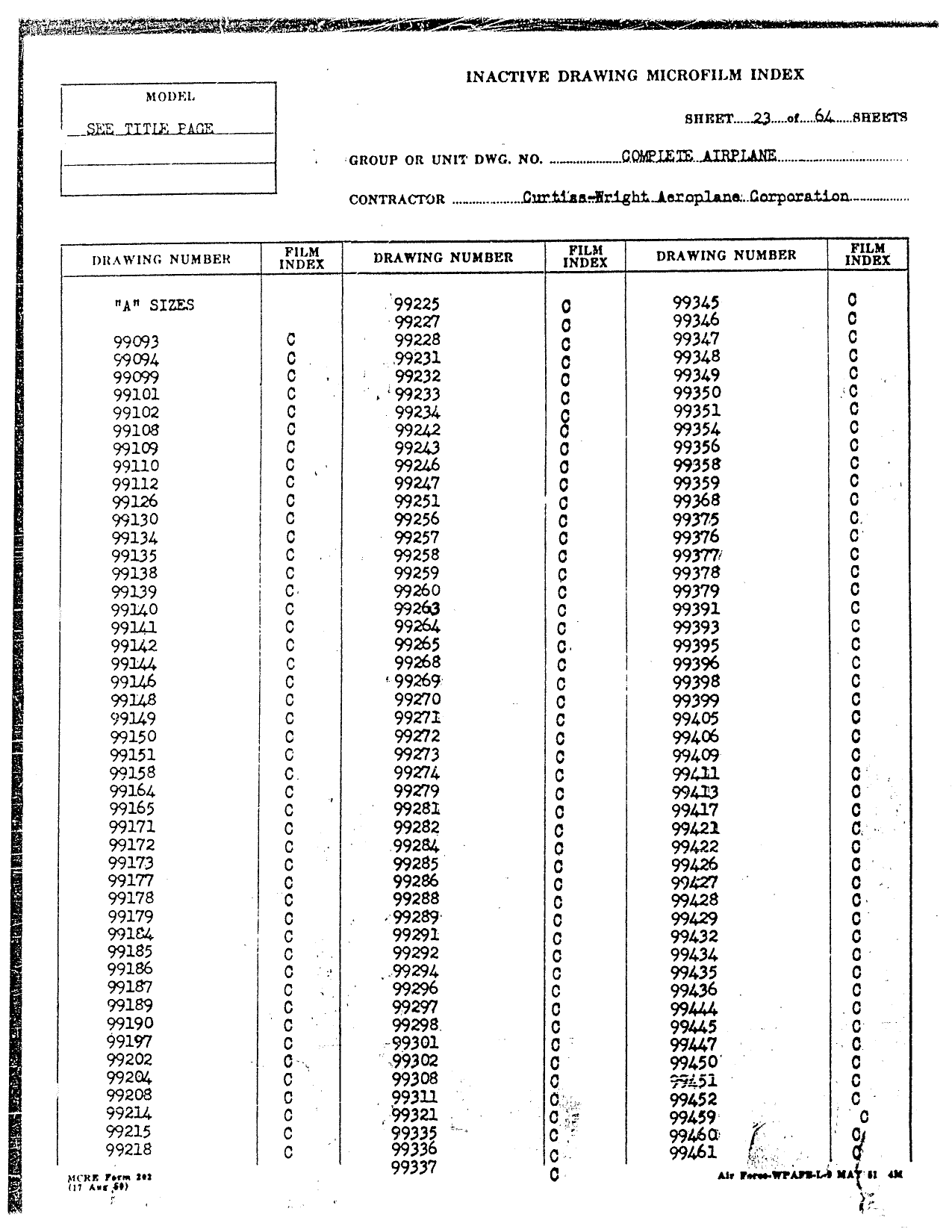 Sample page 23 from AirCorps Library document: P40 Drawing Index (Early)