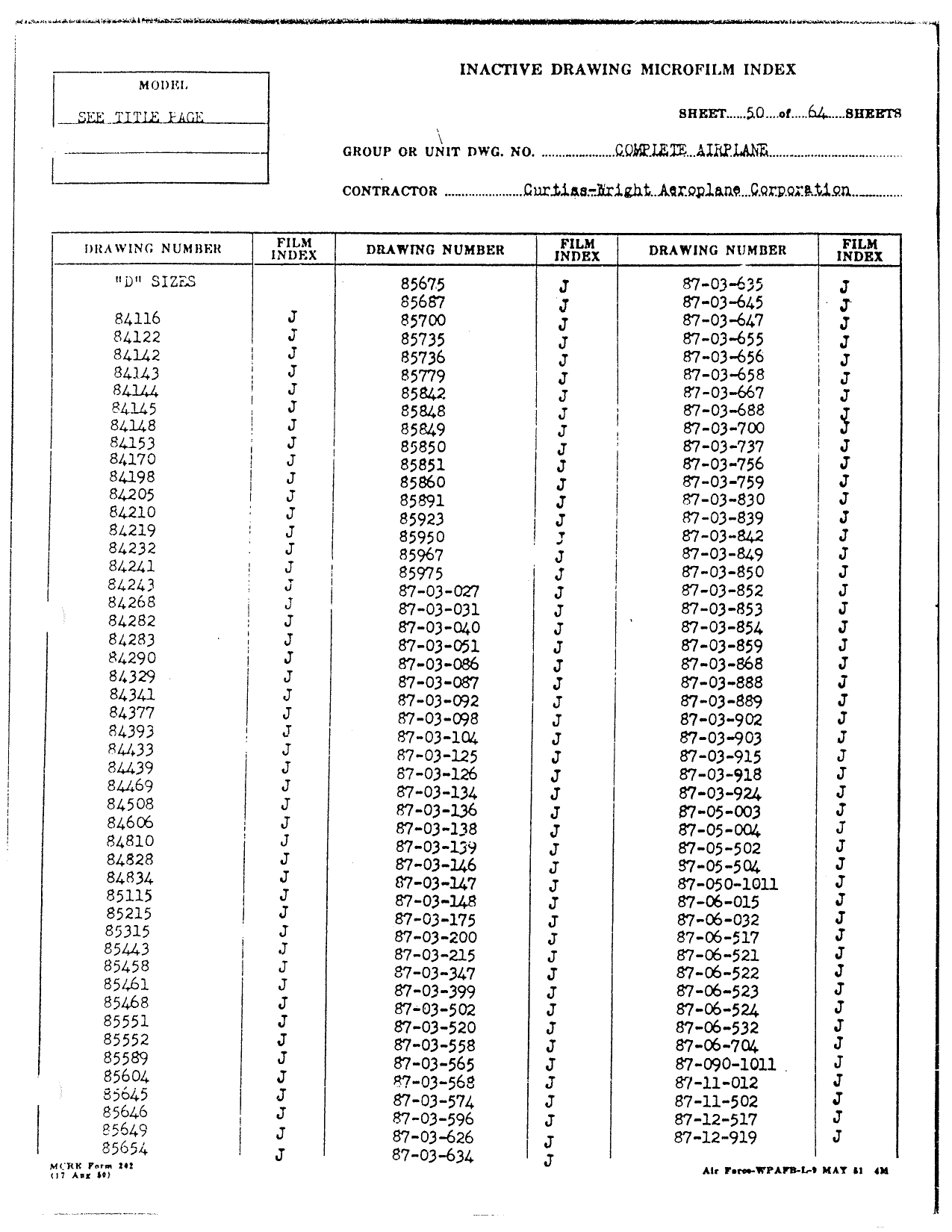 Sample page 50 from AirCorps Library document: P40 Drawing Index (Early)