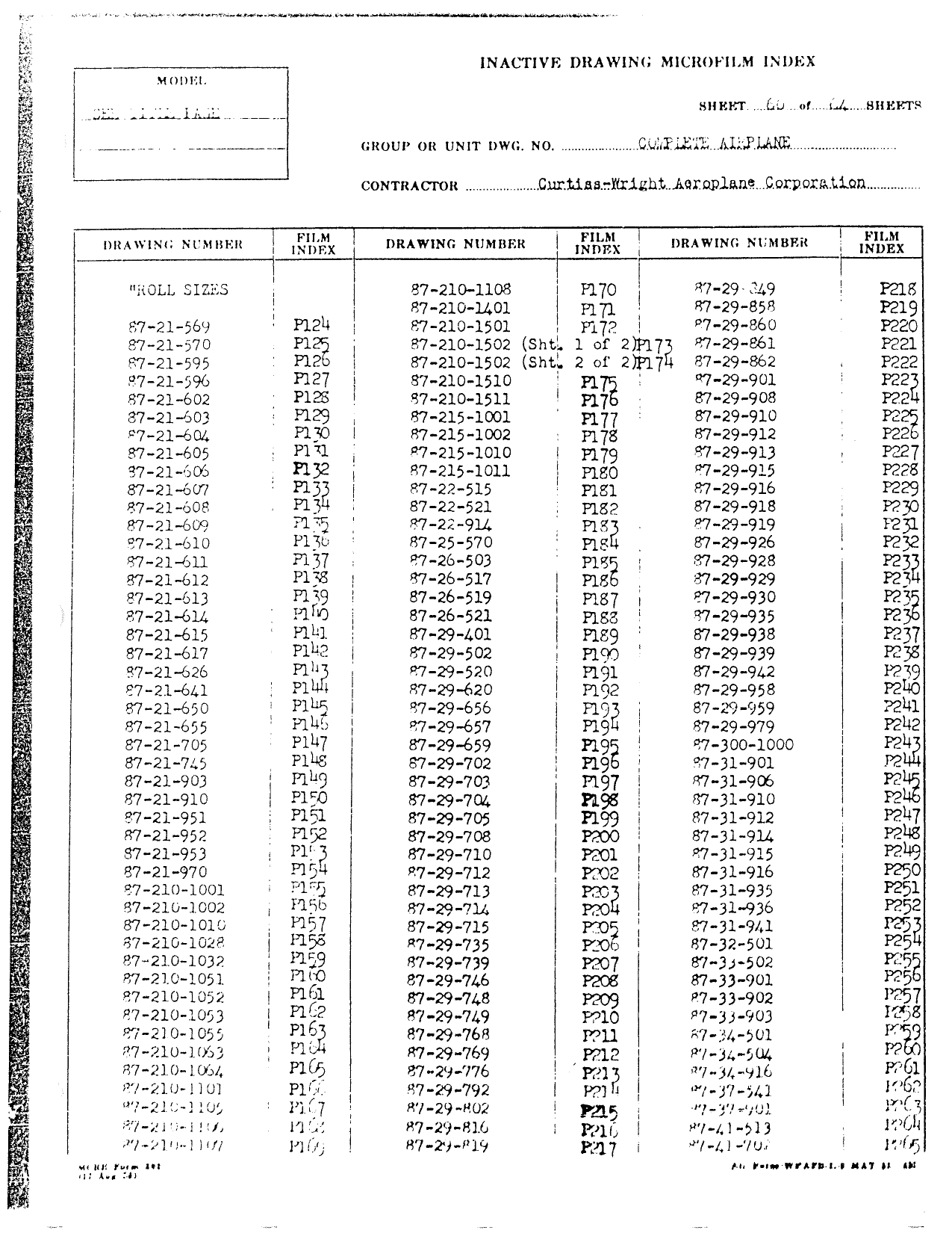 Sample page 60 from AirCorps Library document: P40 Drawing Index (Early)