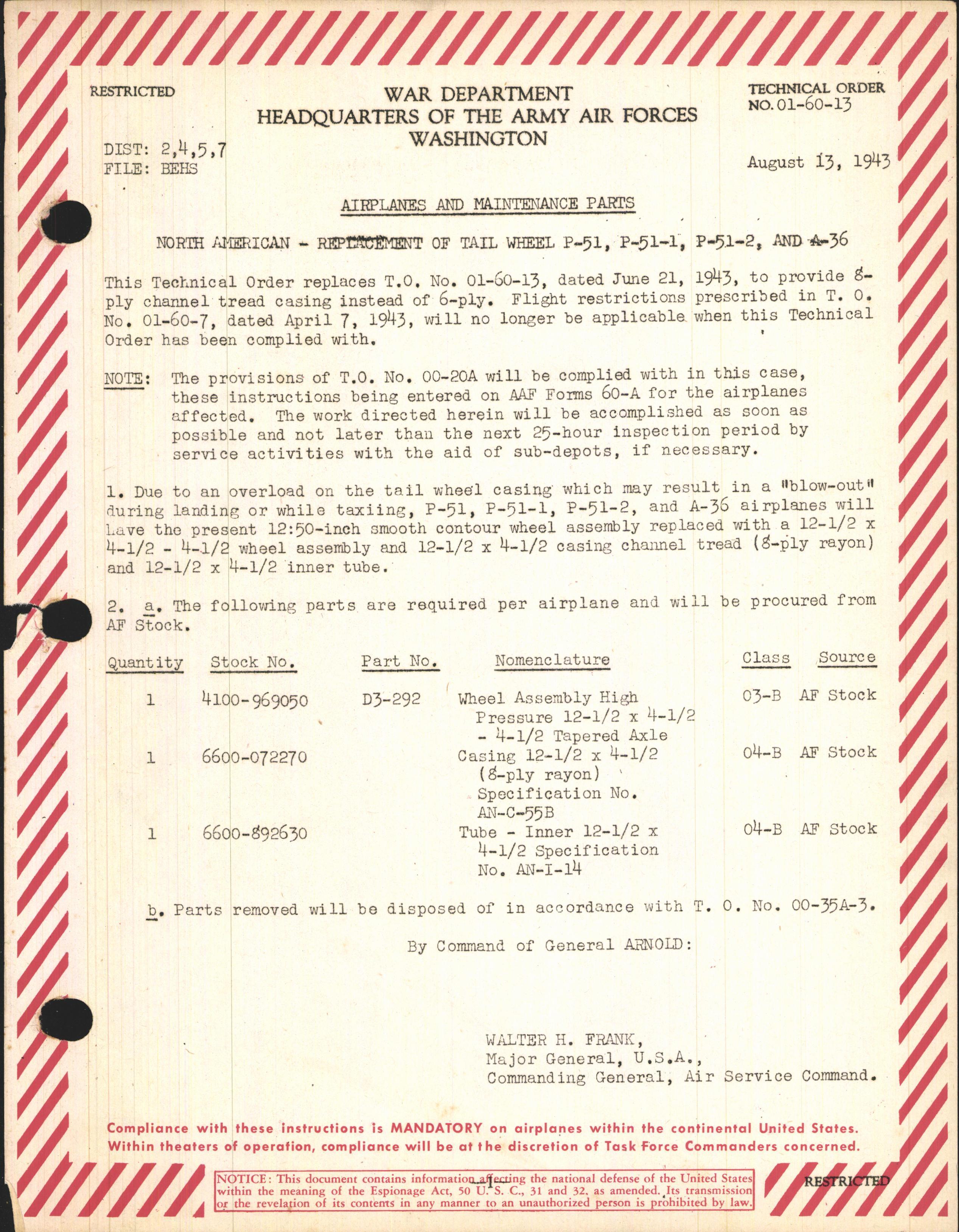 Sample page 1 from AirCorps Library document: Replacement of Tail Wheel for P-51, P-51-1, P-51-2, and A-36