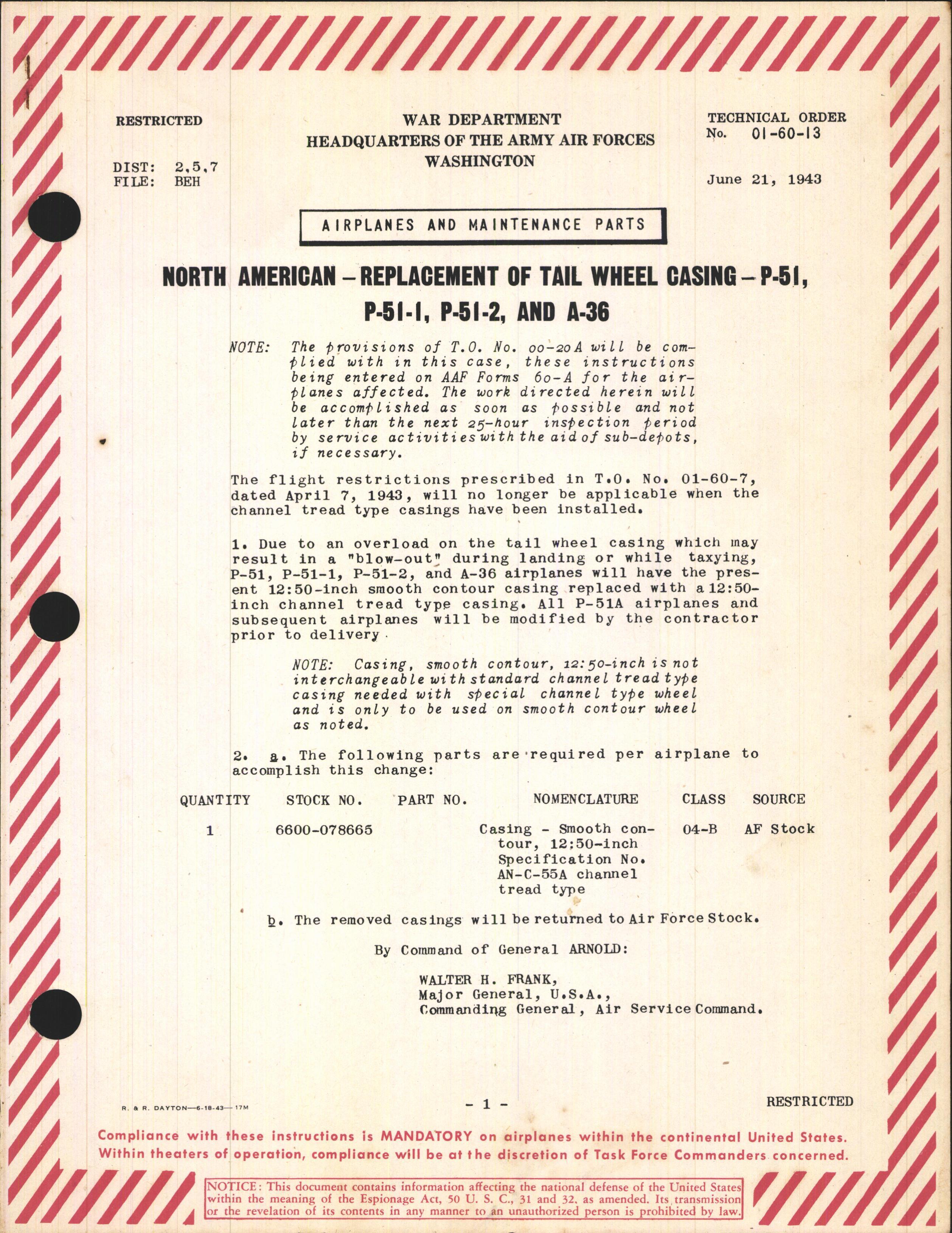 Sample page 1 from AirCorps Library document: Replacement of Tail Wheel Casing for P-51, P-51-1, P-51-2, and A-36