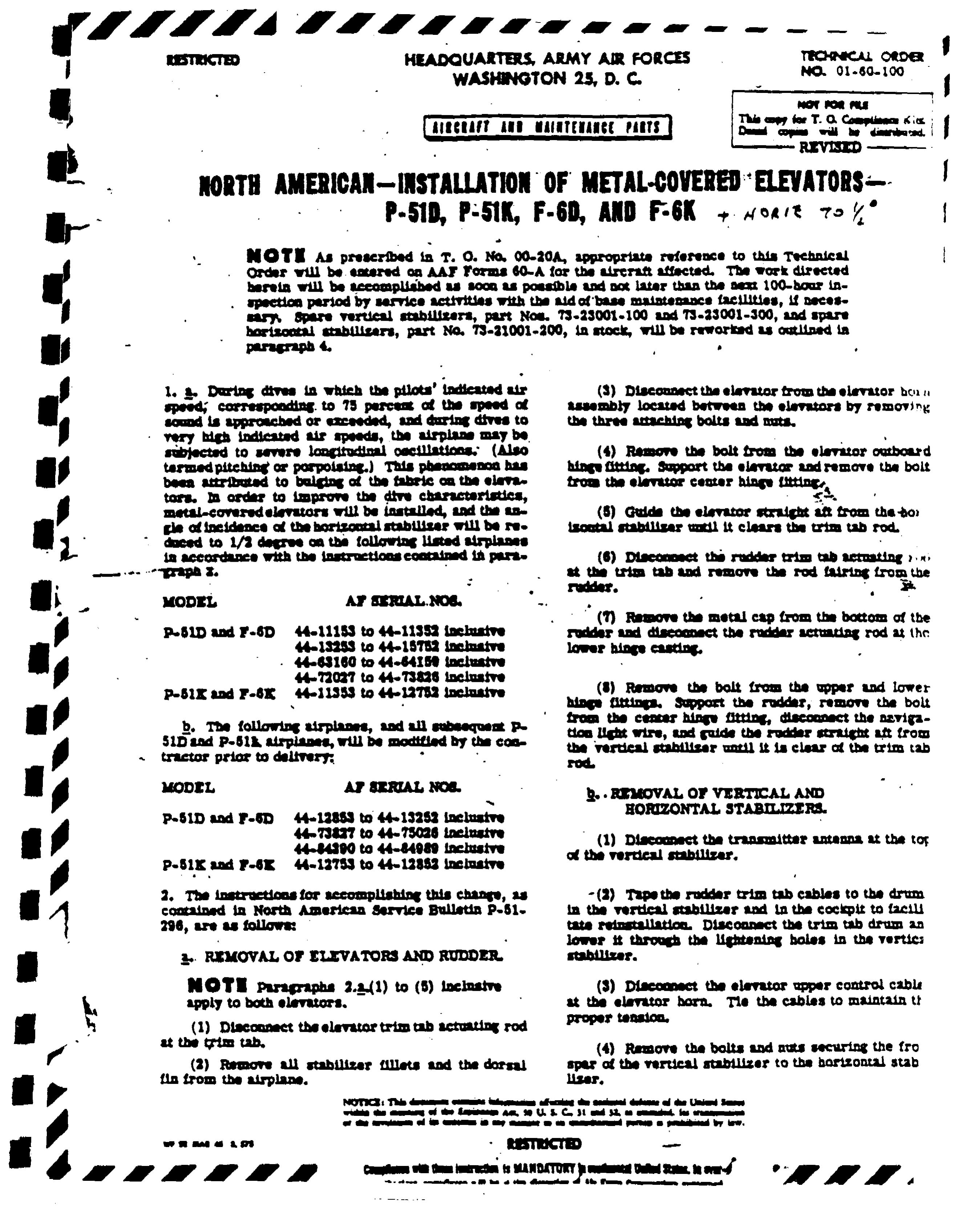 Sample page 1 from AirCorps Library document: Installation of Metal-Covered Elevators for P-51D and K, and F-6D and K