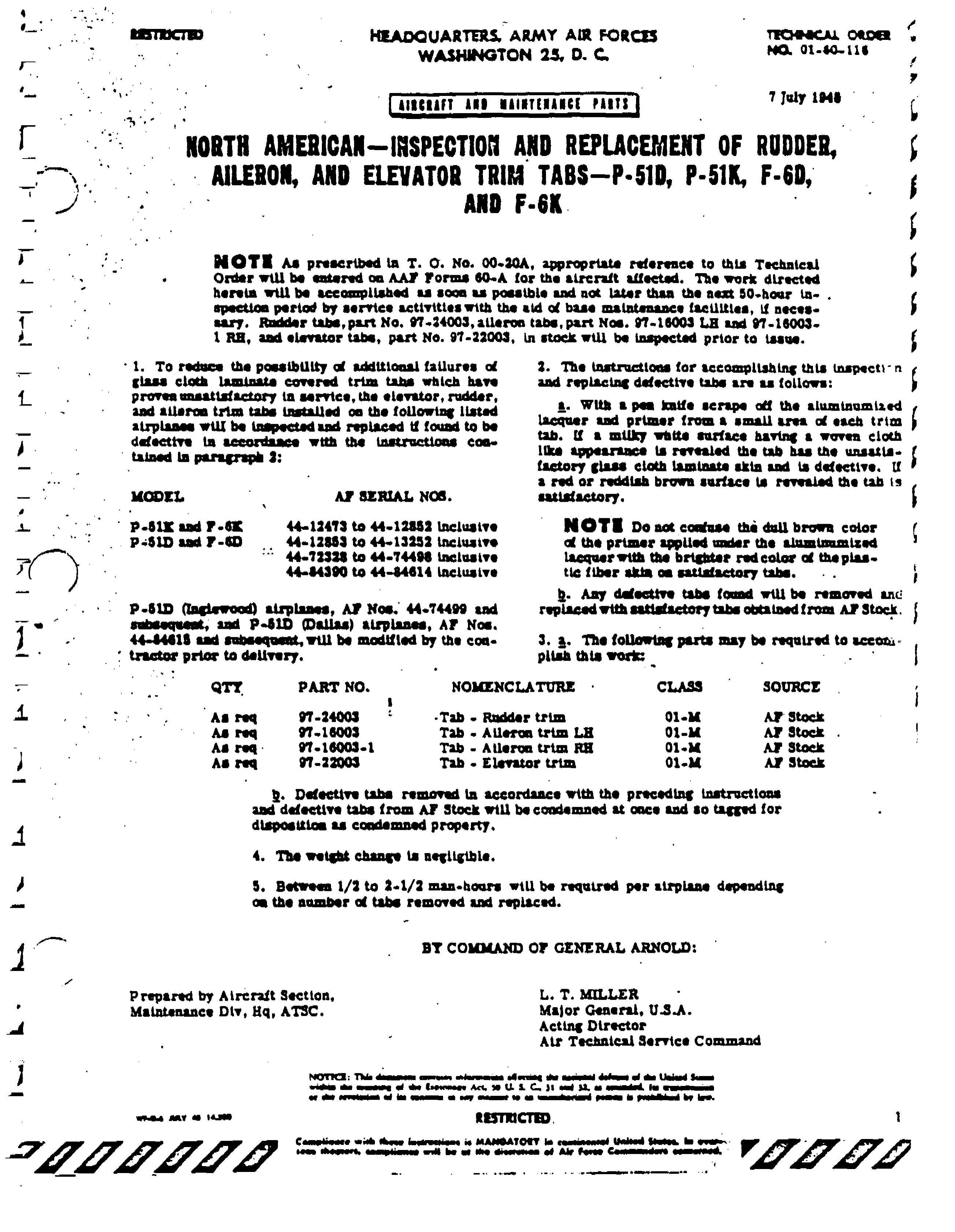 Sample page 1 from AirCorps Library document: Inspection and Replacement of Rudder Aileron, and Elevator Trim Tabs