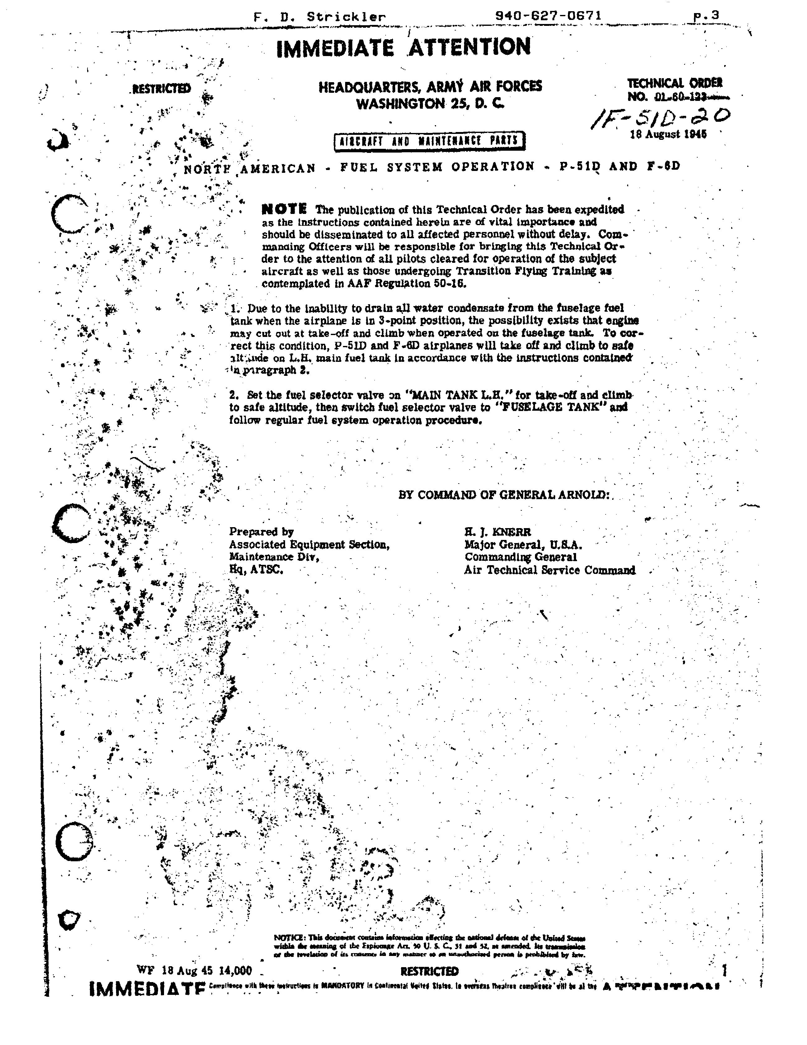 Sample page 1 from AirCorps Library document: Fuel System Operation for P-51D and F-6D