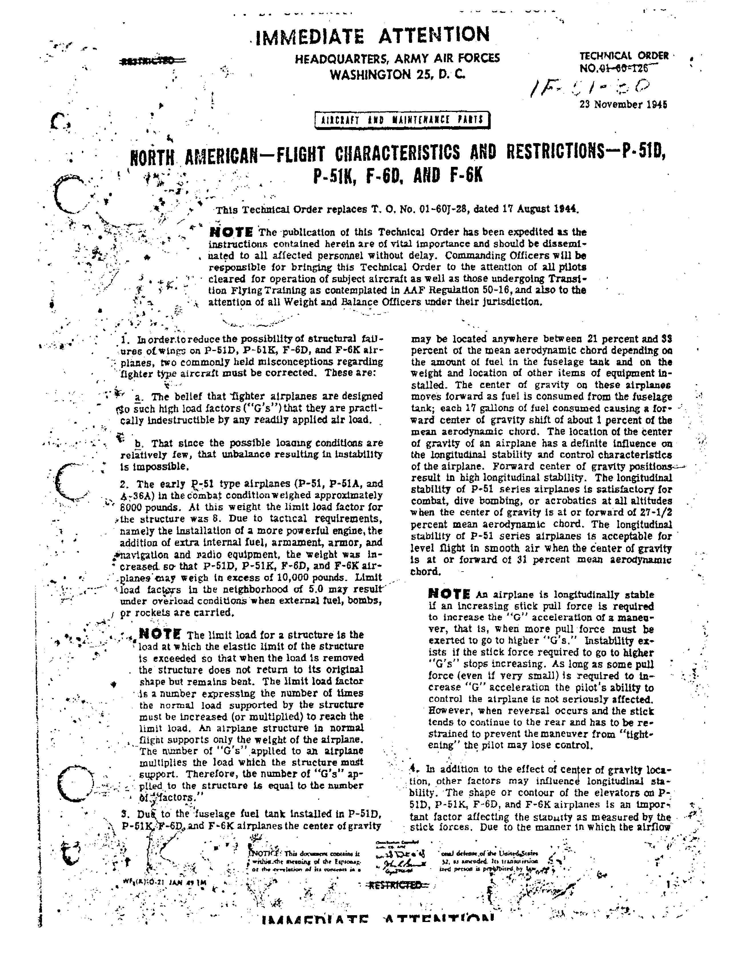 Sample page 1 from AirCorps Library document: Flight Characteristics and Restrictions for P-51D, P-51K, F-6D, and F-6K