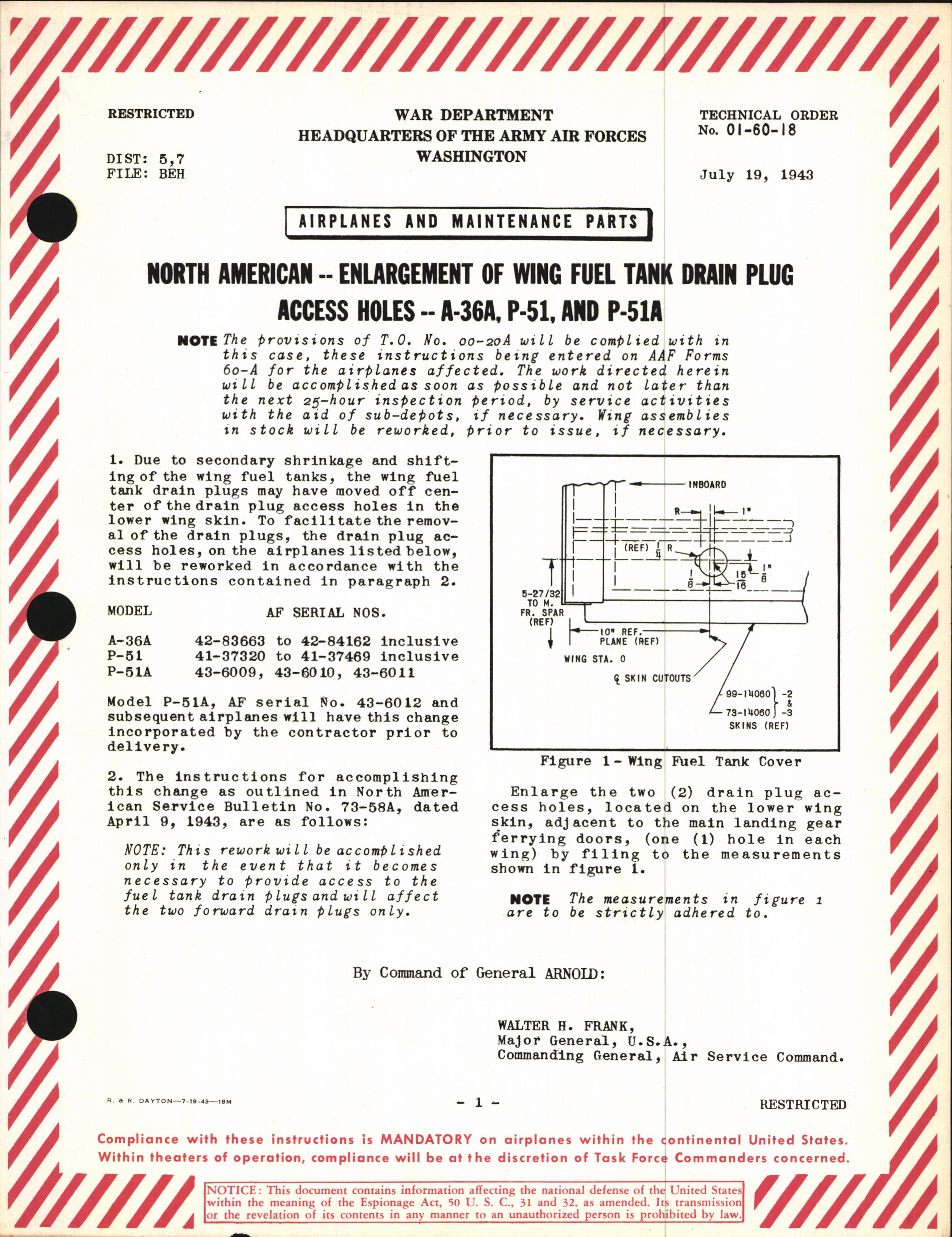 Sample page 1 from AirCorps Library document: Enlargement of Wing Fuel Tank Drain Plug Access Holes for A-36A, P-51, and P-51A