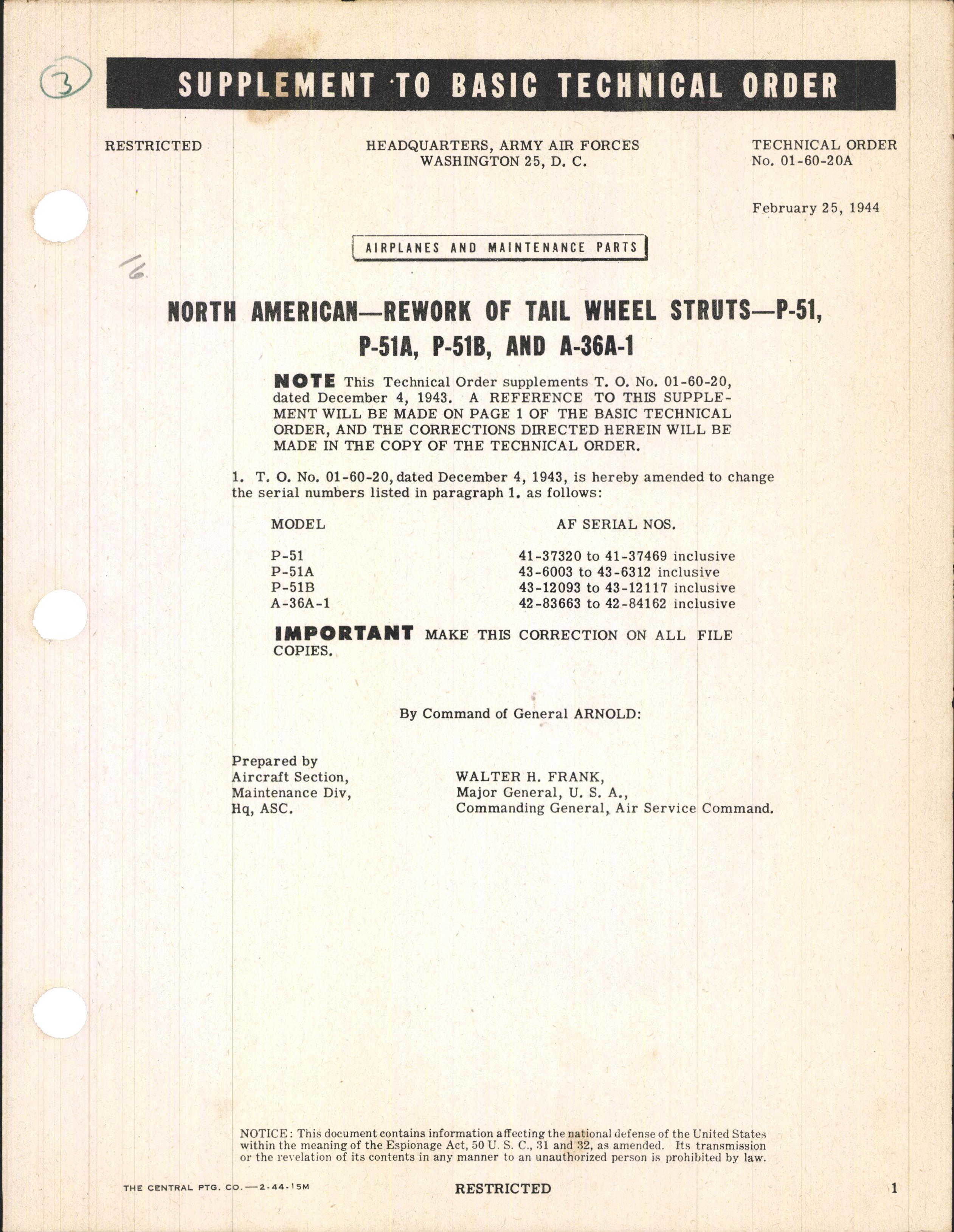 Sample page 1 from AirCorps Library document: Rework of Tail Wheel Struts for P-51, P-51A, P-51B, and A-36A-1