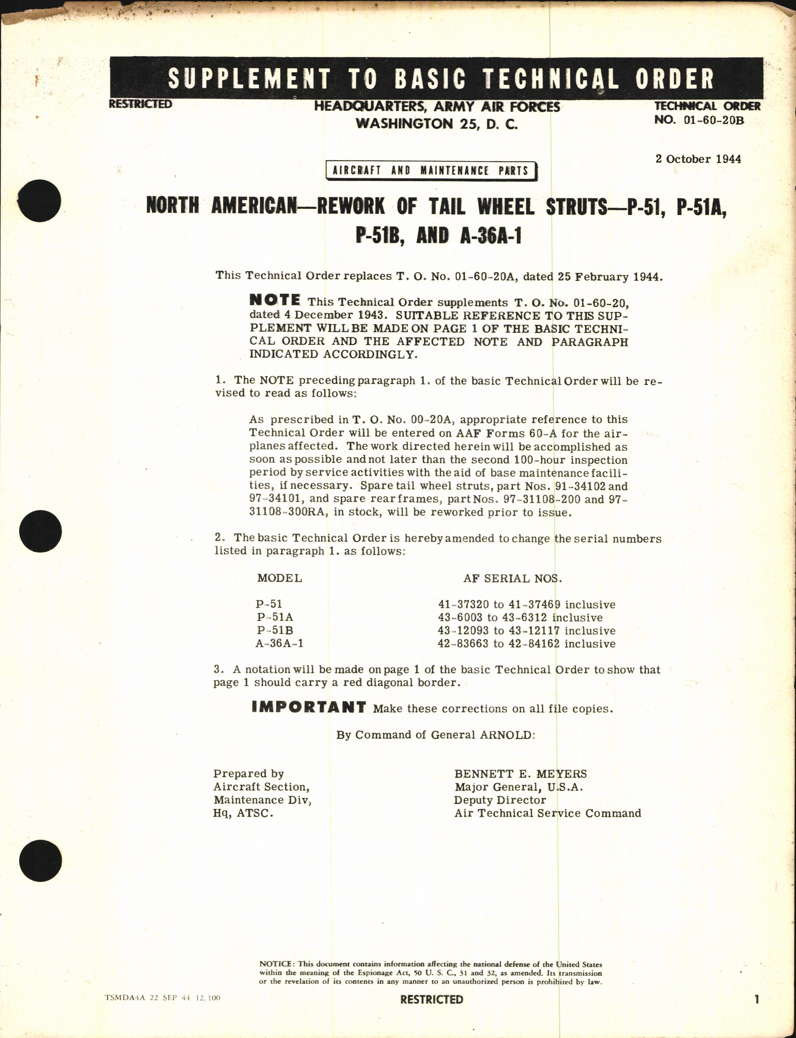 Sample page 1 from AirCorps Library document: Rework of Tail Wheel Struts for P-51, P-51A, P-51B, and A-36A-1