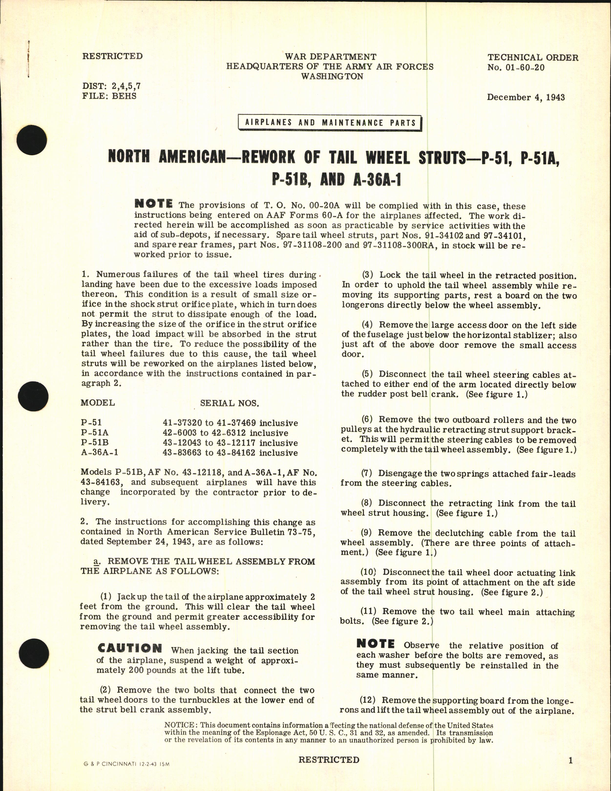 Sample page 1 from AirCorps Library document: Rework of Tail Wheel Struts for P-51, P-51A, P-51B, and A-36A-1