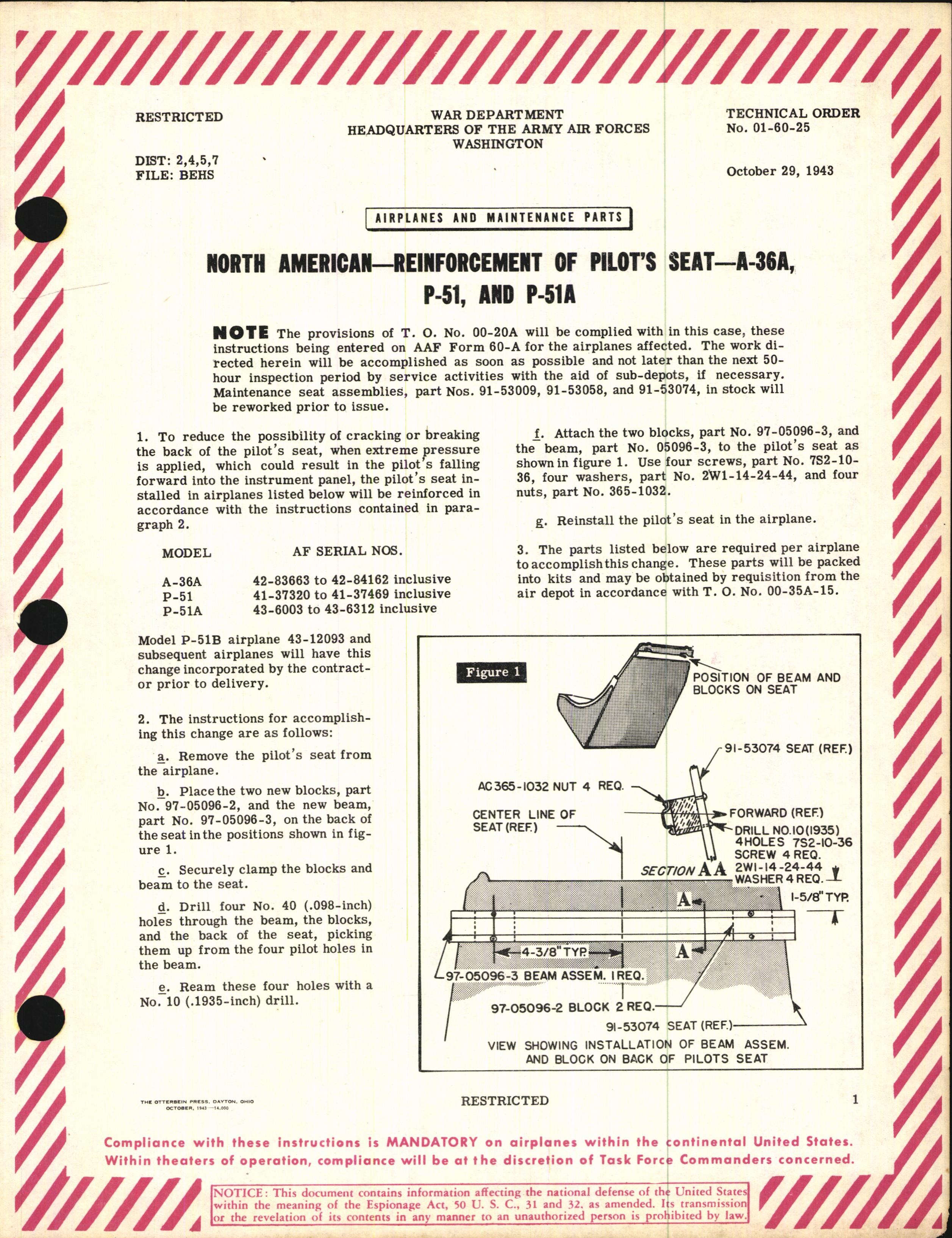 Sample page 1 from AirCorps Library document: Reinforcement of Pilot's Seat for A-36S, P-51, and P-51A