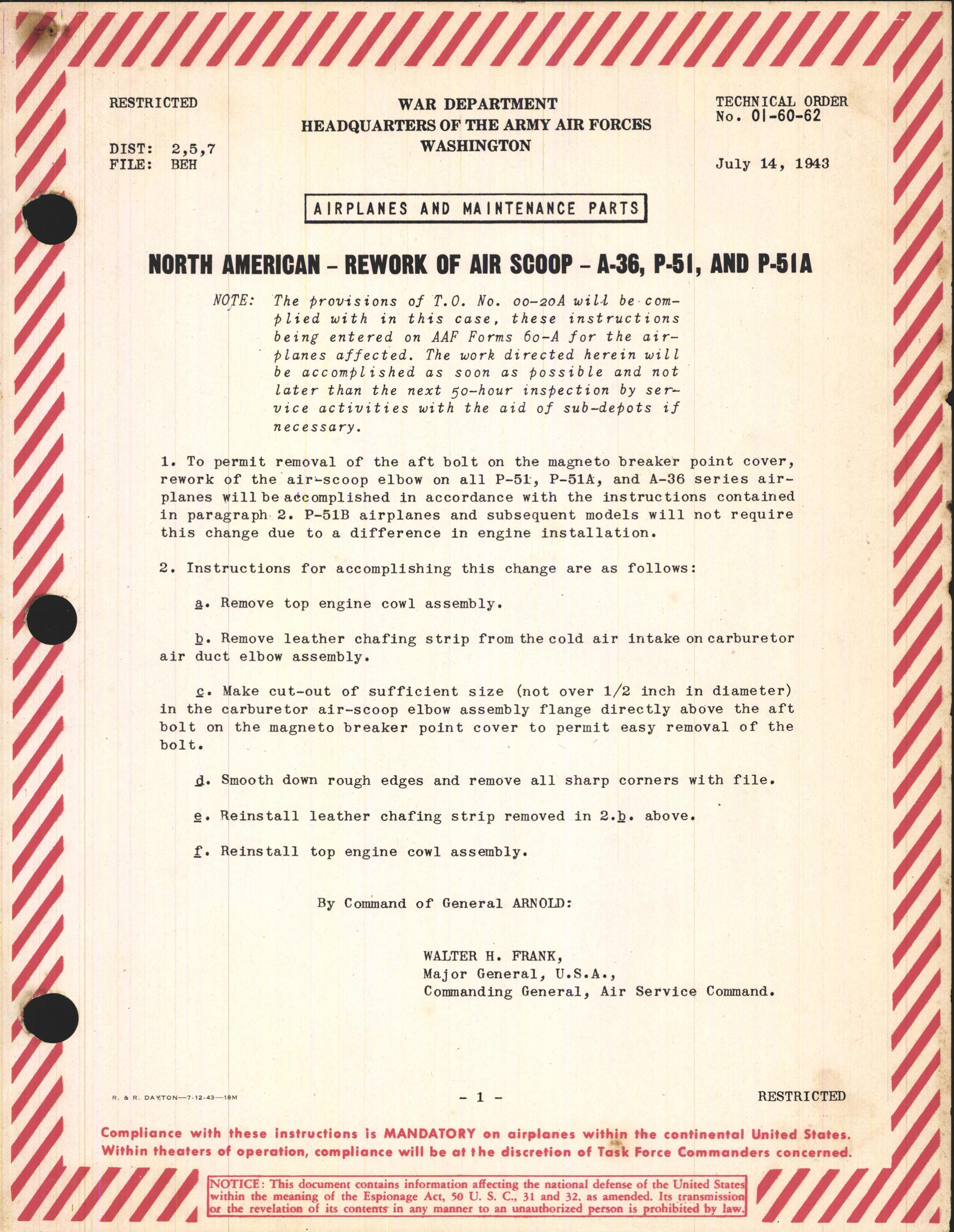 Sample page 1 from AirCorps Library document: Rework of Air Scoop for A-36, P-51, and P-51A