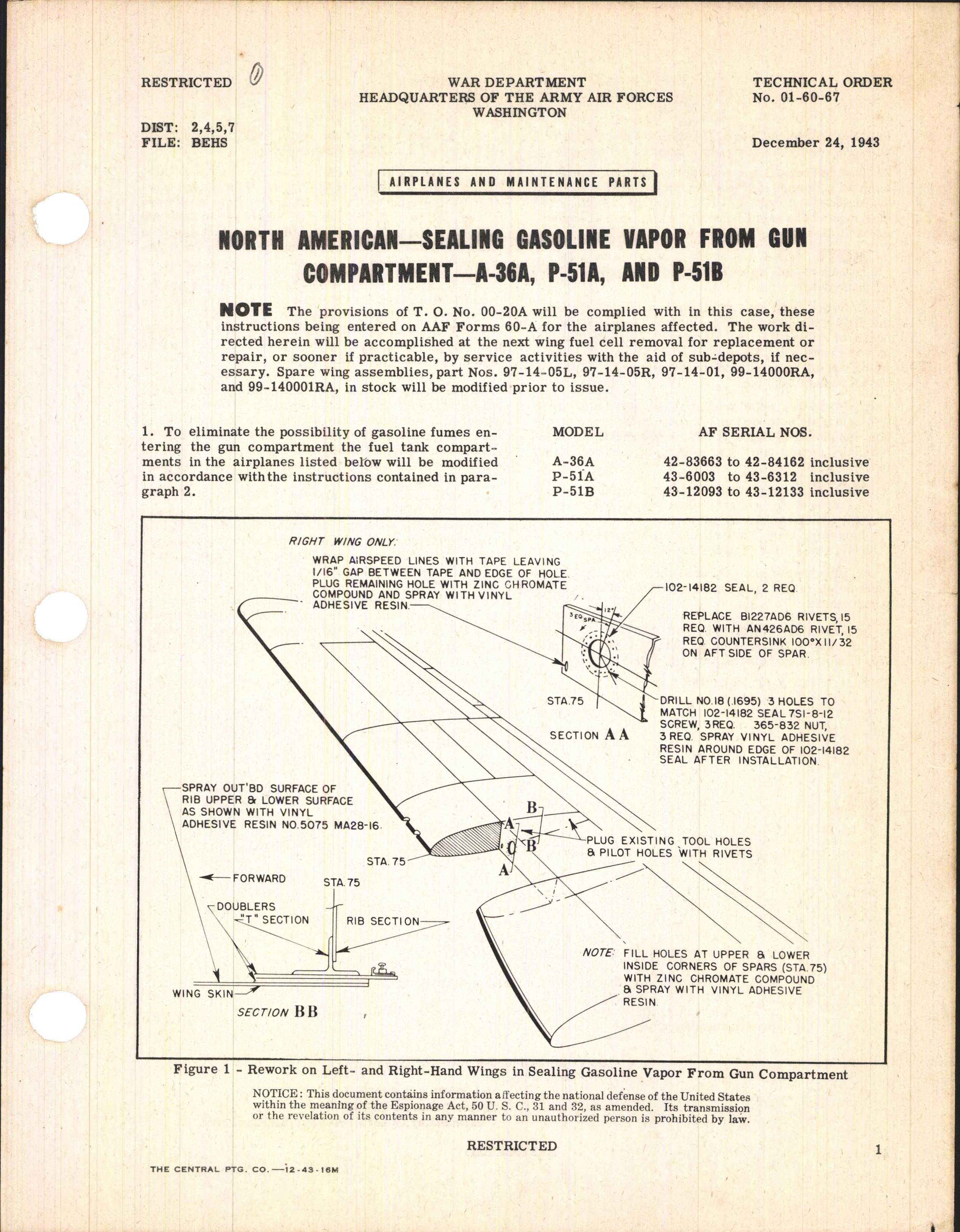 Sample page 1 from AirCorps Library document: Sealing Gasoline Vapor From Gun Compartment for A-36A, P-51A, and P-5B