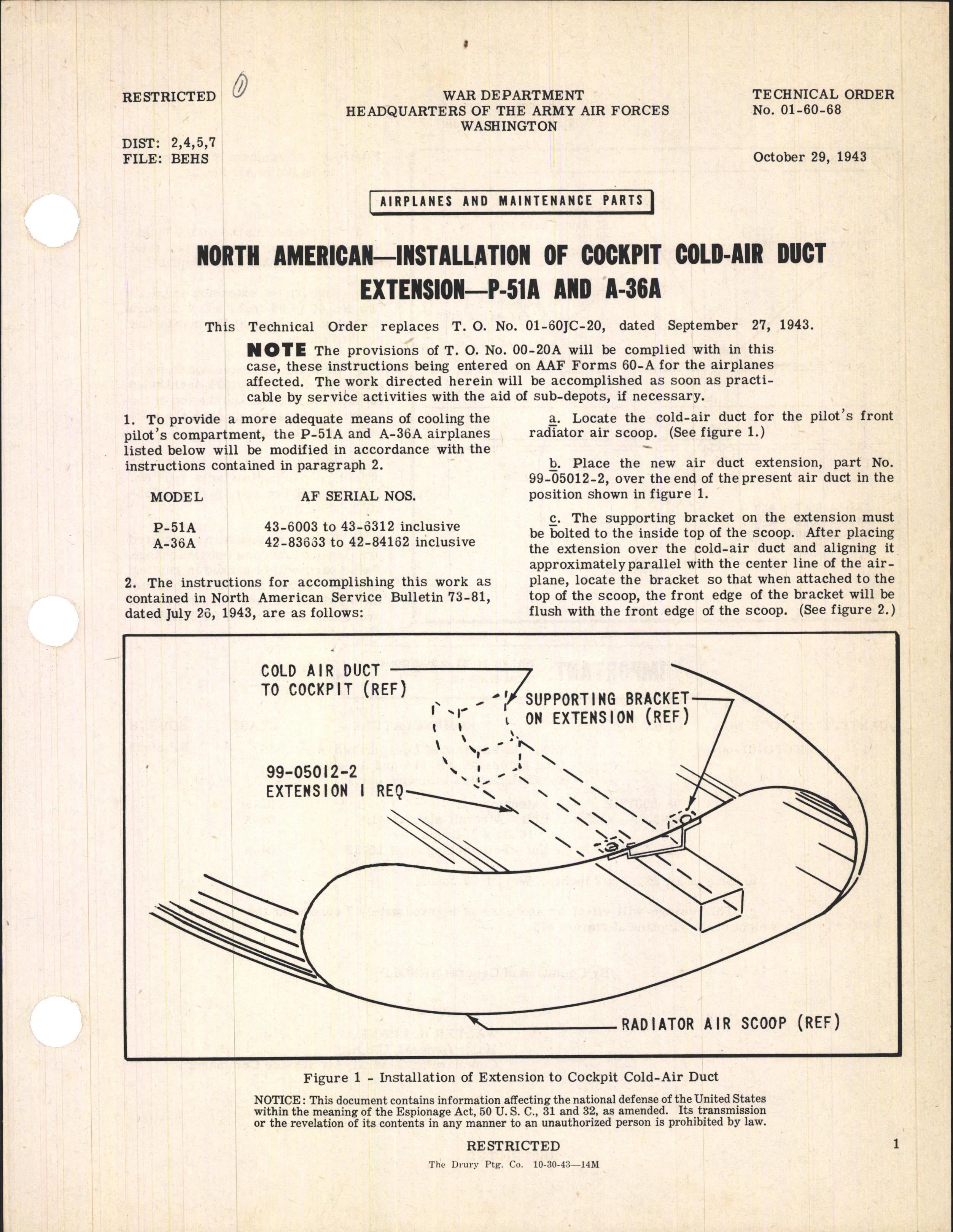 Sample page 1 from AirCorps Library document: Installation of Cockpit Cold-Air Duct Extension for P-51A and A-36A