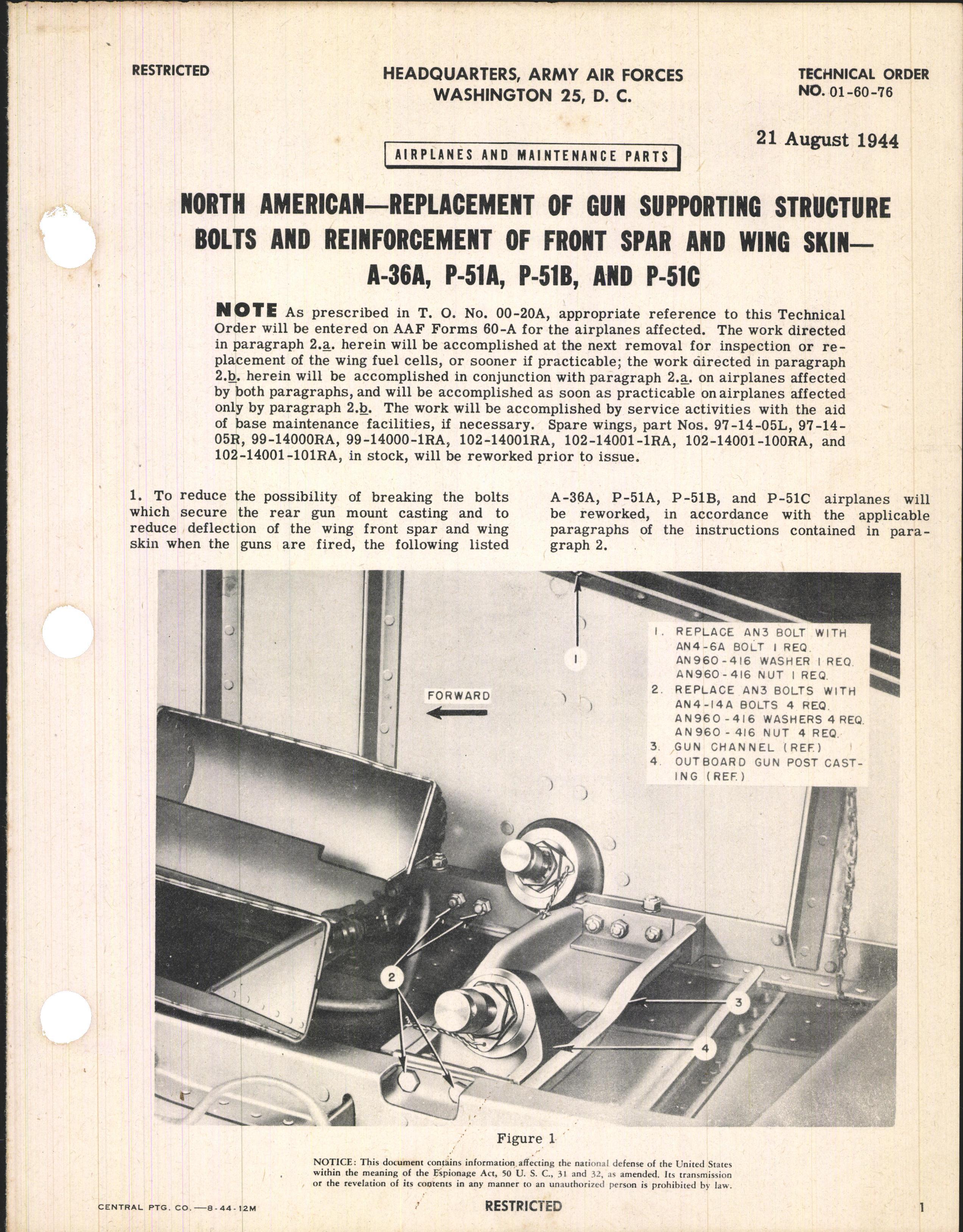 Sample page 1 from AirCorps Library document: Replacement of Gun Supporting Structure Bolts & Reinforcement of Front Spar and Wing Skin