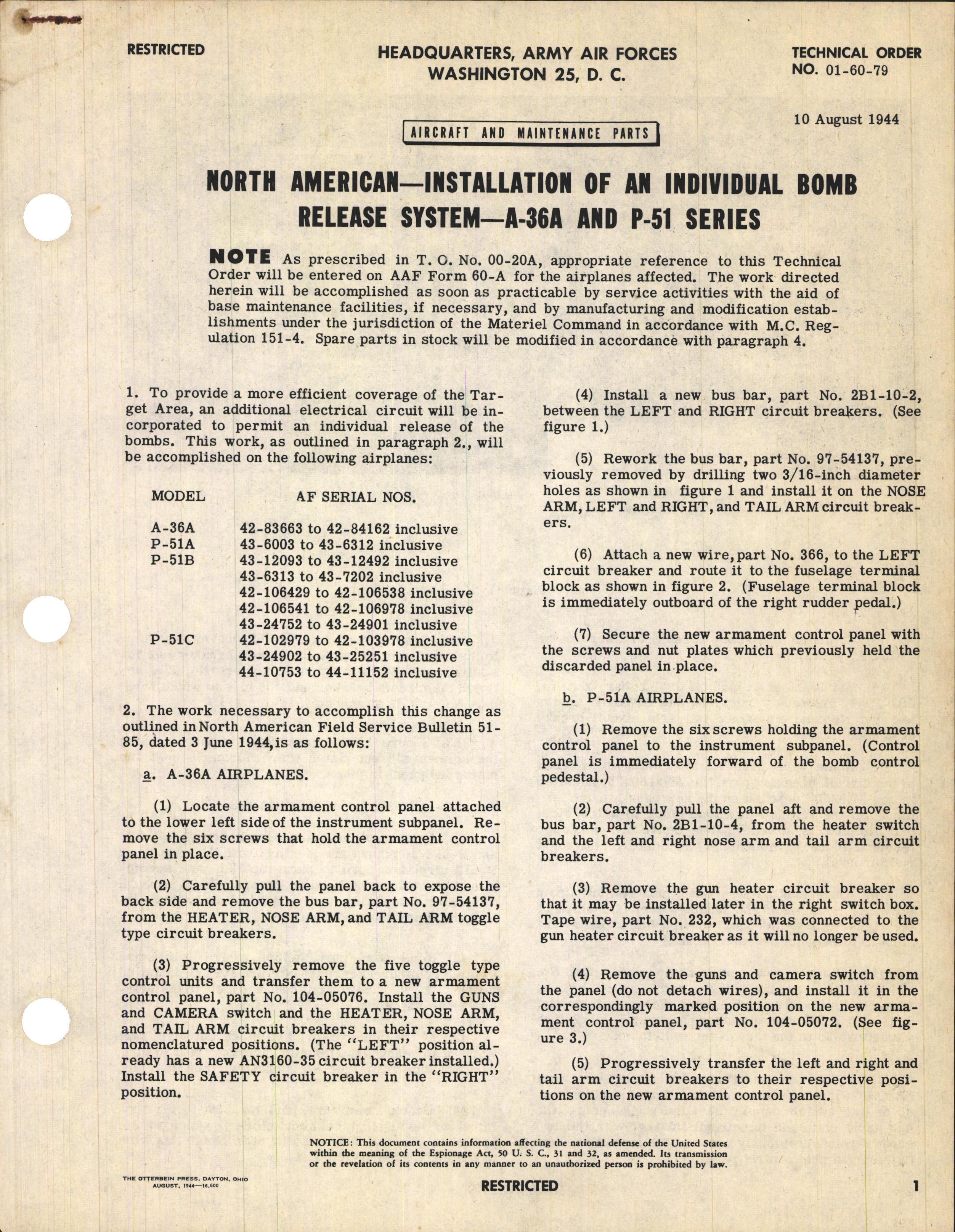 Sample page 1 from AirCorps Library document: Installation of an Individual Bomb Release System for A-36A and P-51 Series