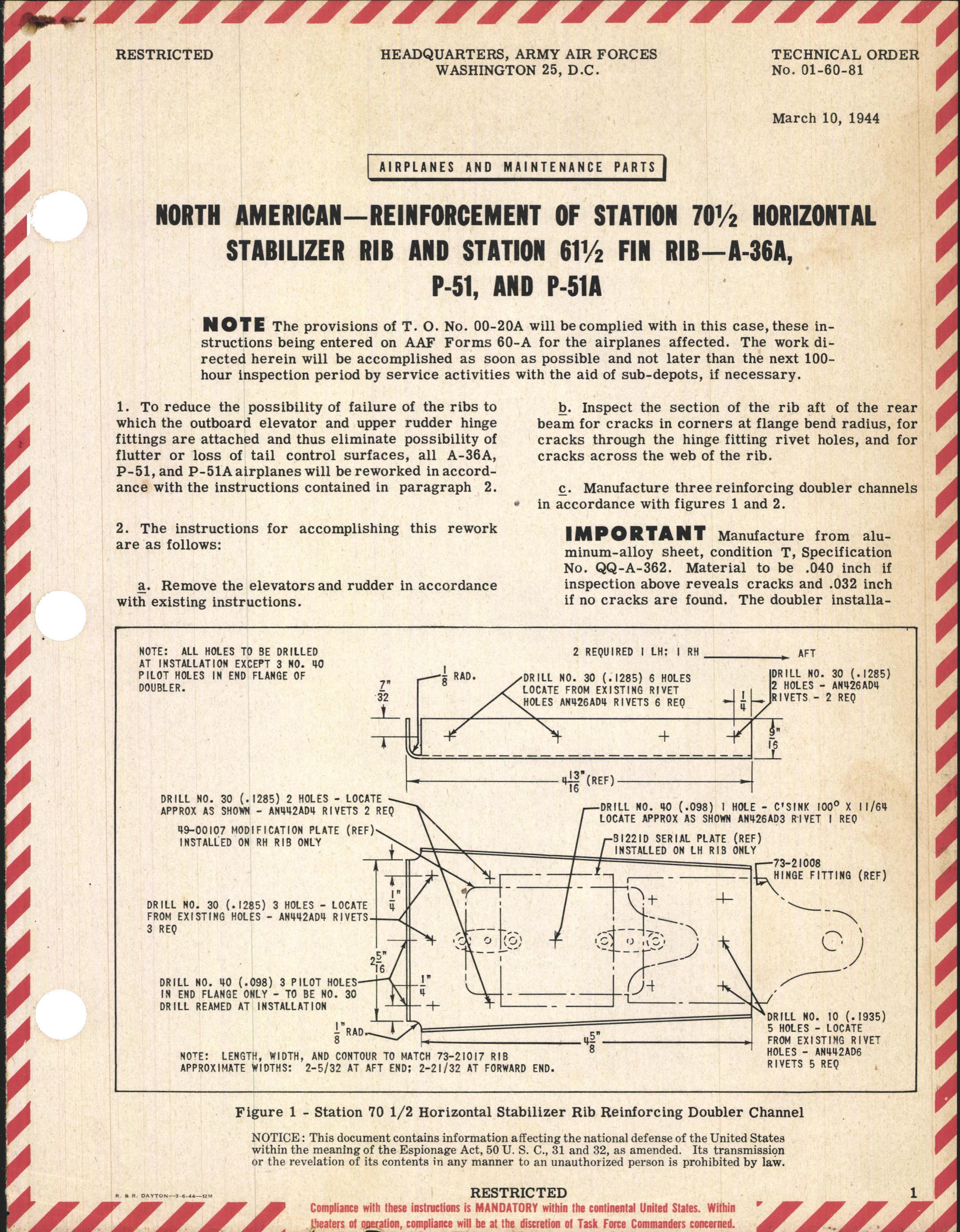 Sample page 1 from AirCorps Library document: Reinforcement of Station 70 1/2 Horizontal Stabilizer Rib and Station 61 1/2 Fin Rib