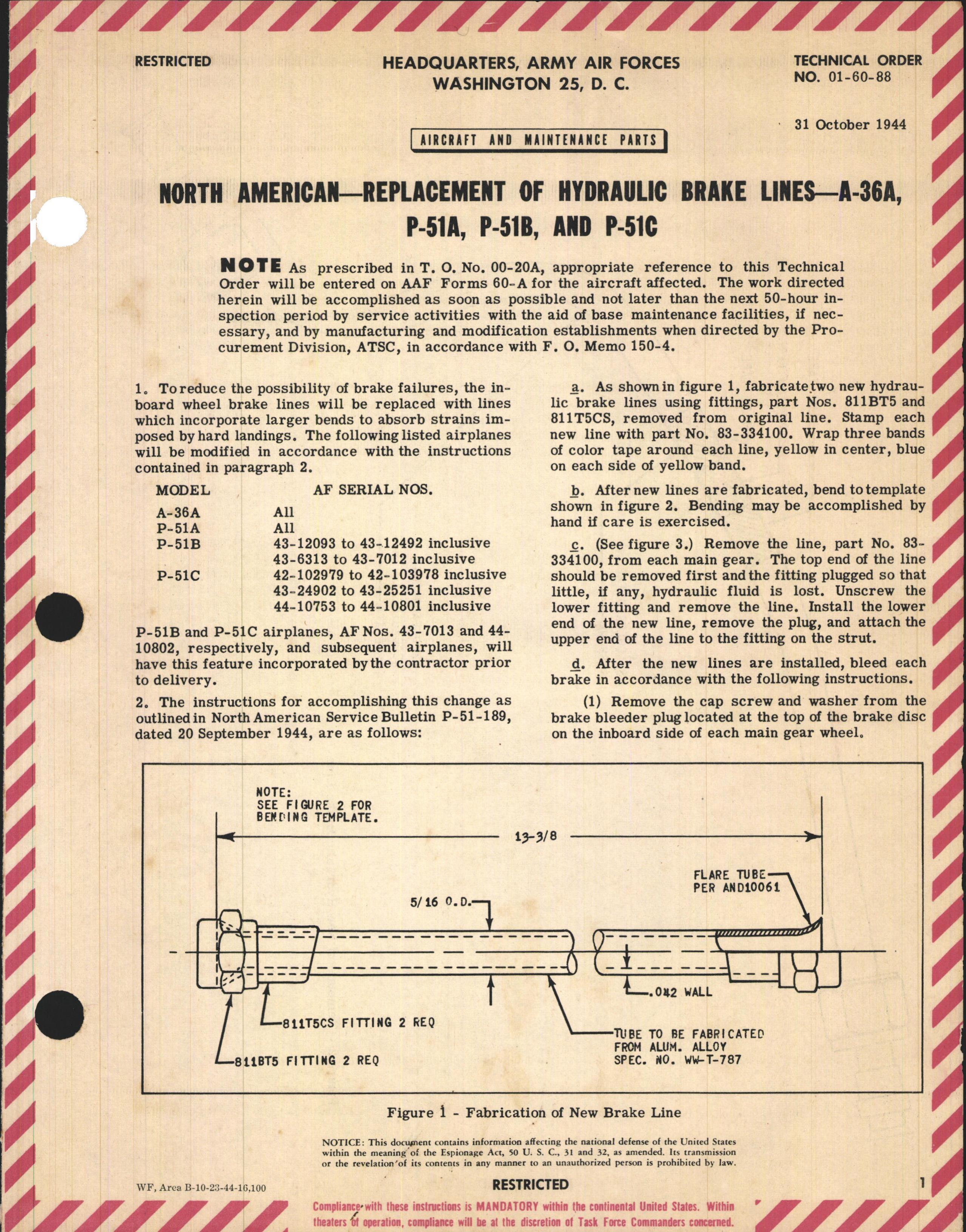 Sample page 1 from AirCorps Library document: Replacement of Hydraulic Brake Lines for A-36A, P-51A, B, and C