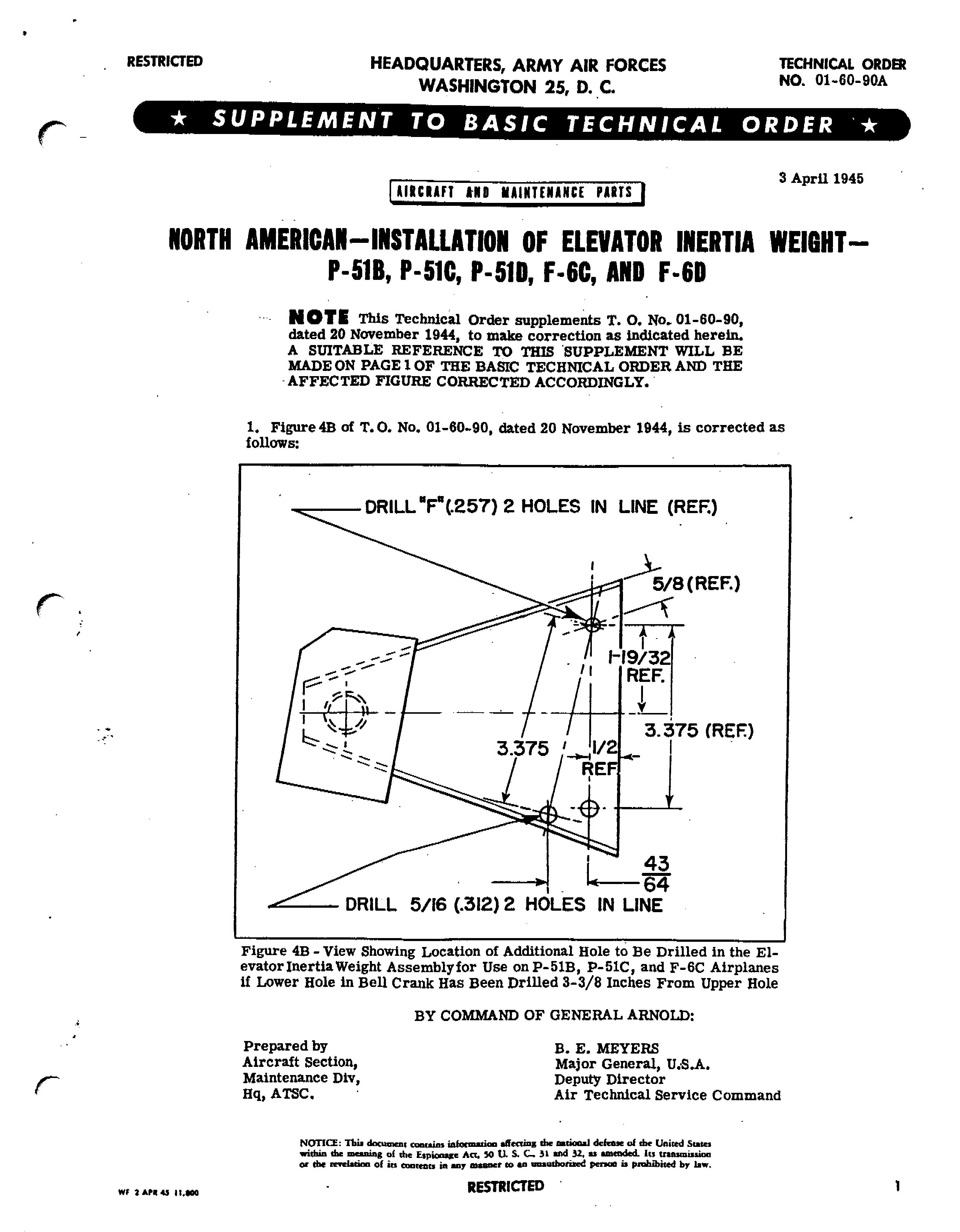 Sample page 1 from AirCorps Library document: Installation of Elevator Inertia Weight for P-51B, C, D, and F-6C and D