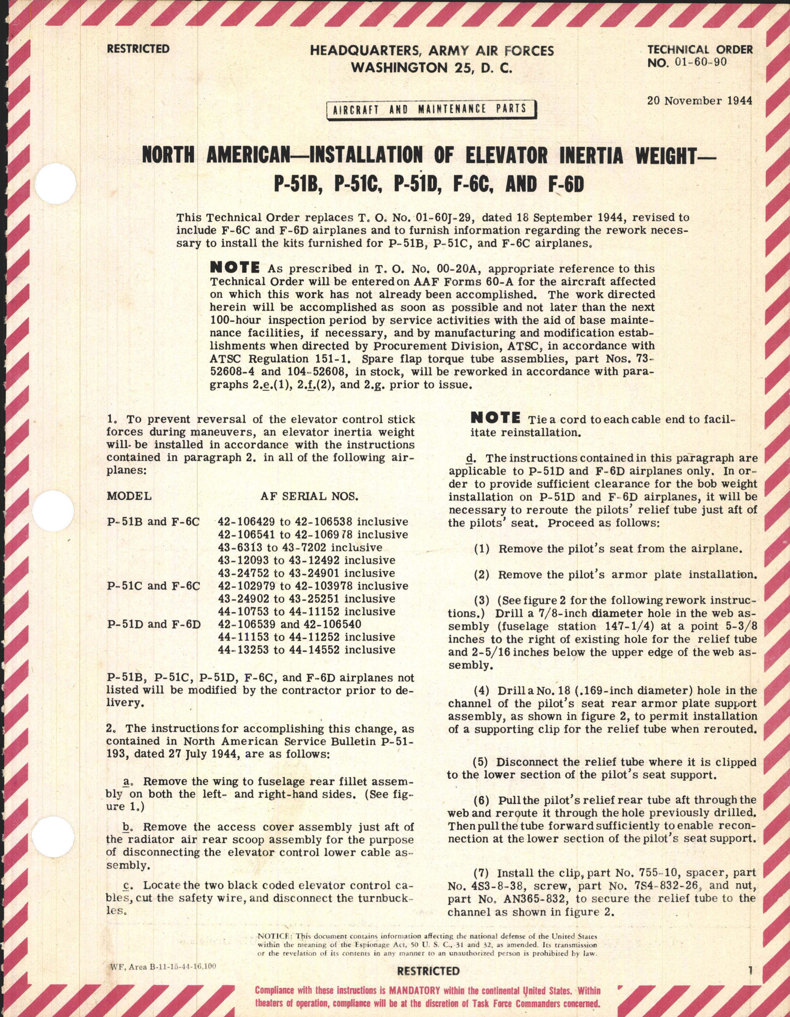 Sample page 1 from AirCorps Library document: Installation of Elevator Inertia Weight for P-51B, C, D, and F-6C and D