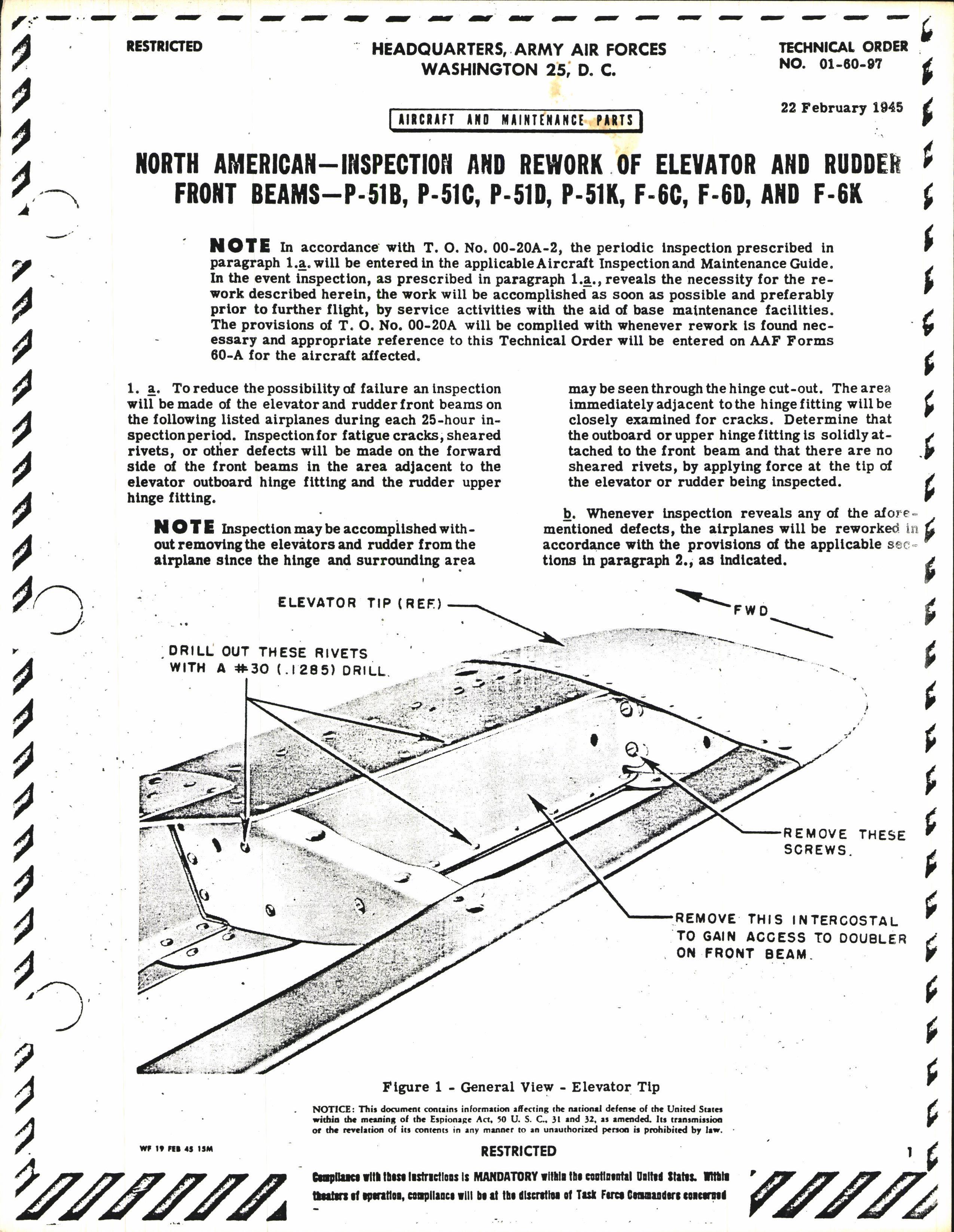 Sample page 1 from AirCorps Library document: Inspection and Rework of Elevator and Rudder Front Beams