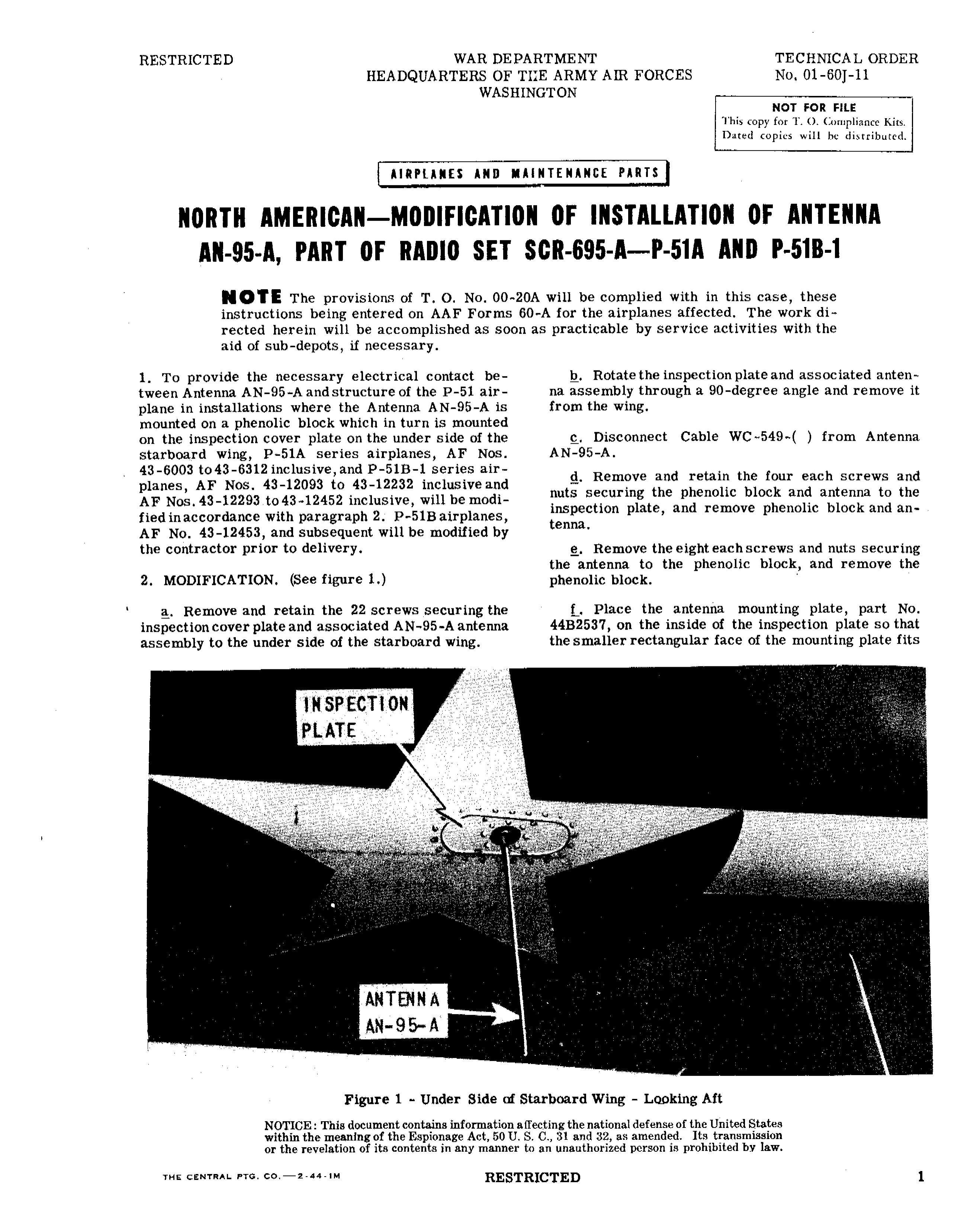 Sample page 1 from AirCorps Library document: Modification of Installation of Antenna AN-95-A, Part of Radio Set SCR-695-A