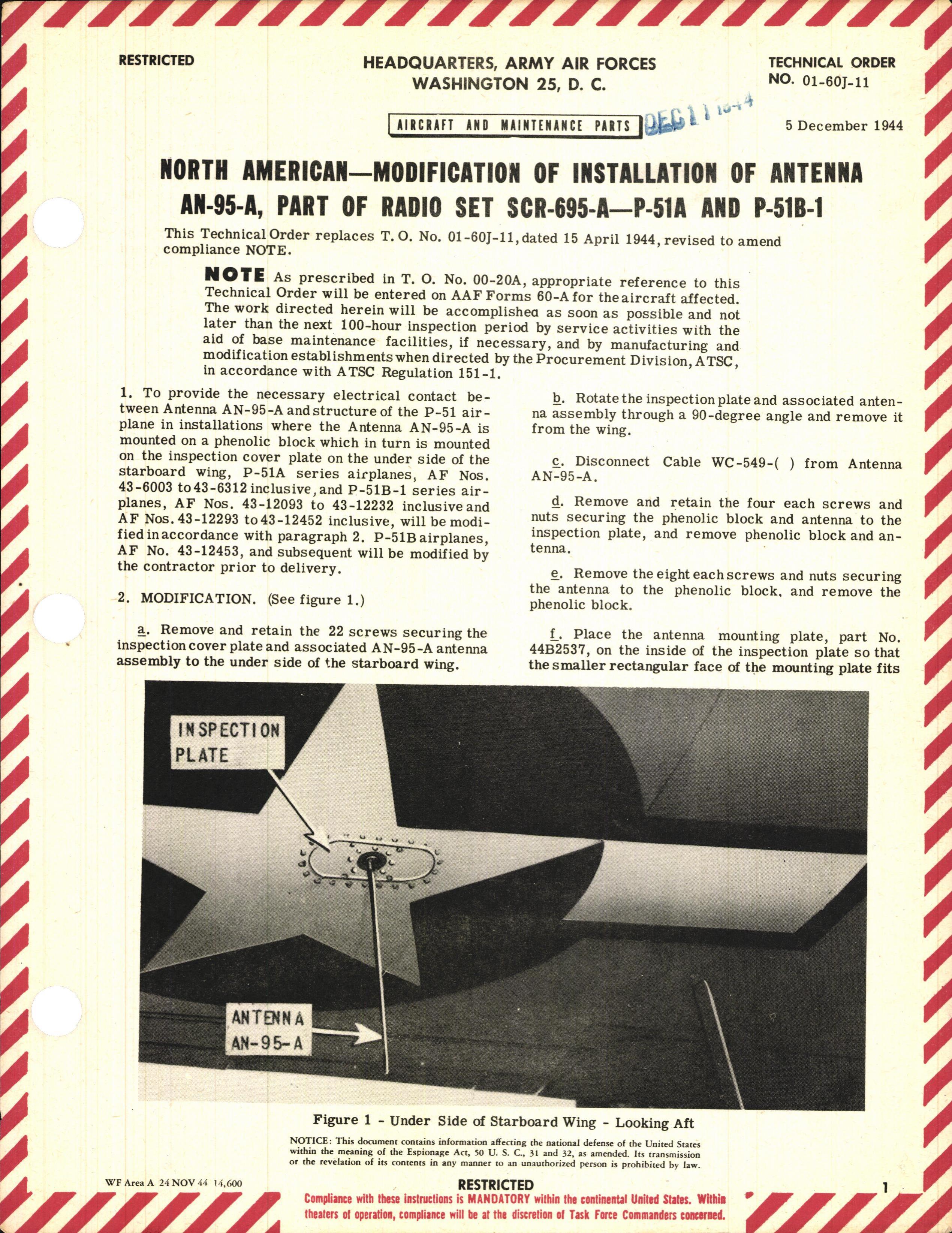 Sample page 1 from AirCorps Library document: Modification of Installation of Antenna AN-95-A, Part of Radio Set SCR-695-A