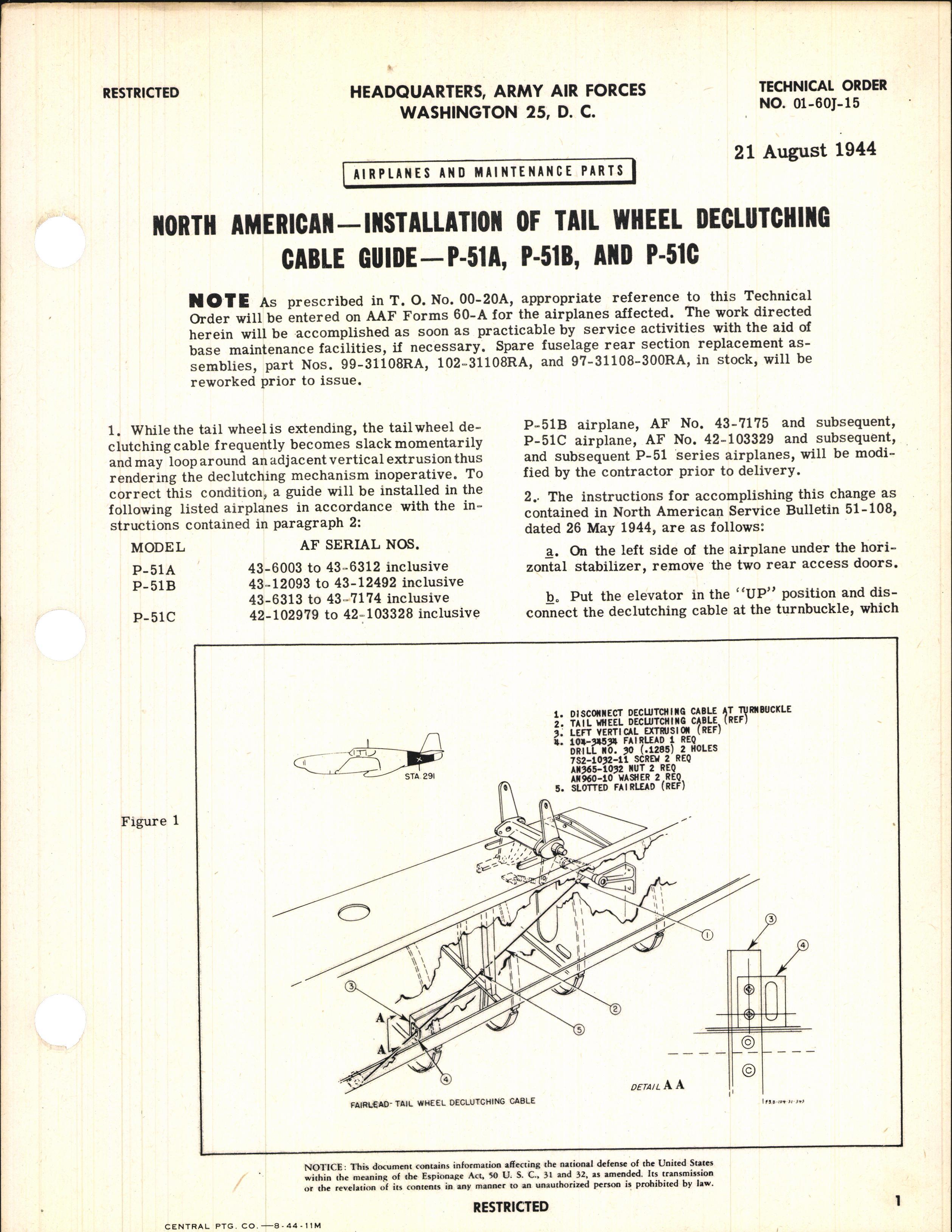 Sample page 1 from AirCorps Library document: Installation of Tail Wheel Declutching Cable Guide for P-51A, B, and C