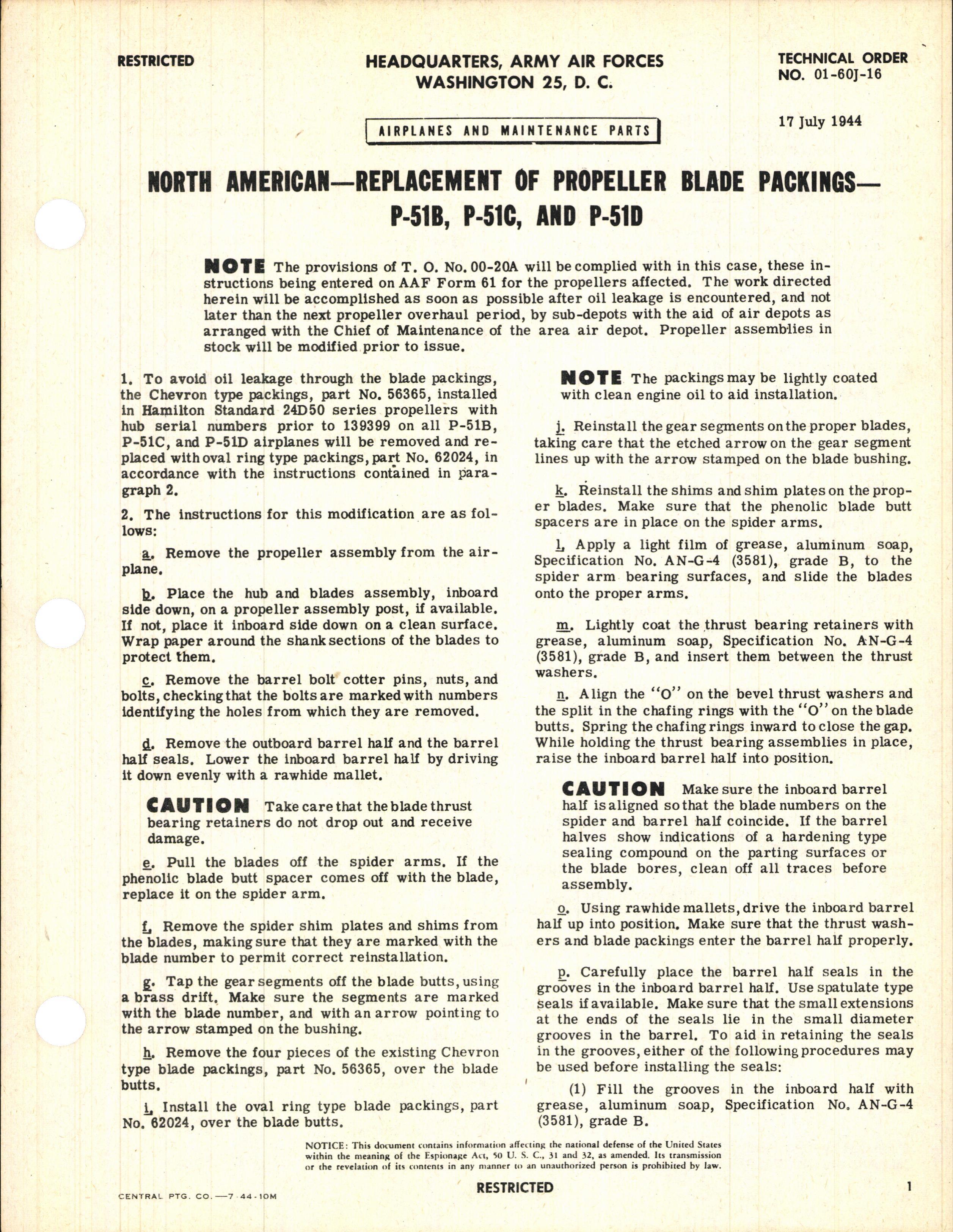 Sample page 1 from AirCorps Library document: Replacement of Propeller Blade Packings for P-51B, C, and D
